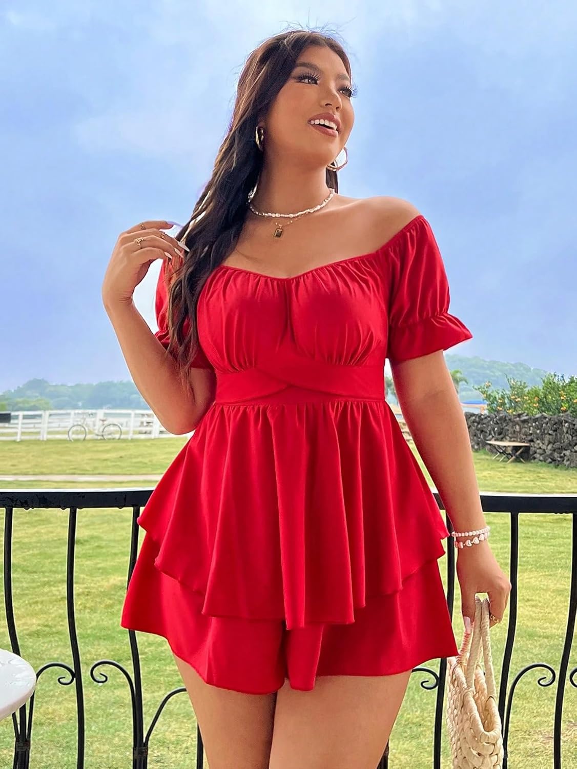 Rompers for Women Summer 2026 Plus Size Solid Color Off-Shoulder Pleated Jumpsuit