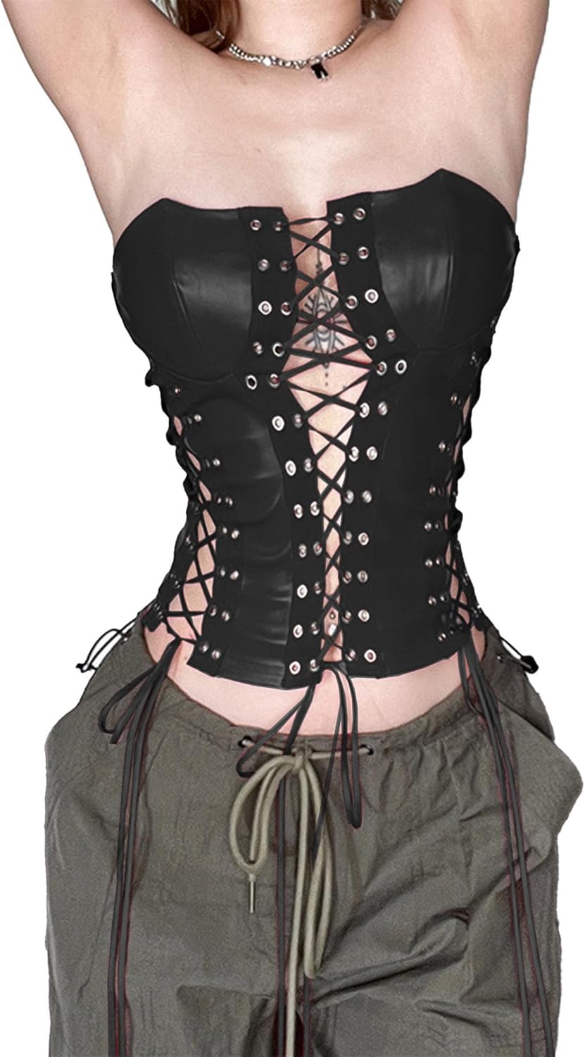 xxxiticat Women's Red Leather Tank Top Sleeveless Slim Fit Lace Up Bandage Tie Hollow Out Cutout Faux Leather Tube Shirt