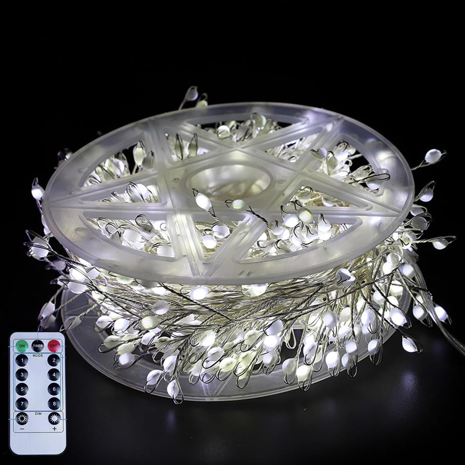 LED Copper Wire Firecracker Light String for Christmas Tree,Waterproof 8 Modes Hanging Fairy Lights with Remote Control,for Christmas Decorations (White, 19.68ft-200 Lights-Battery Box)
