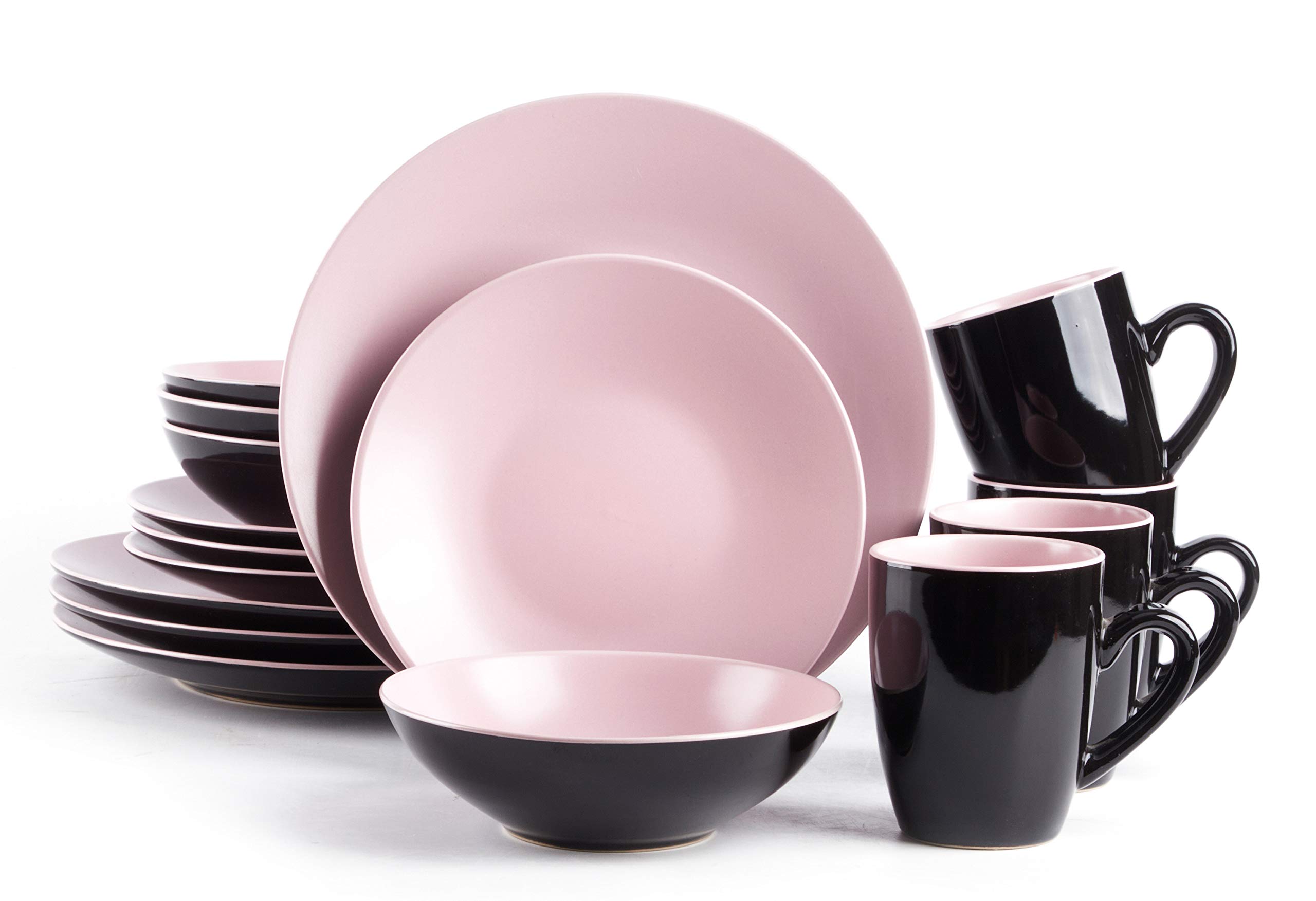 HomeVss Stoneware Two-Tone Colors Life 16pc Dinner Set?Outside Shiny Black + Inside Matte Glaze Rose