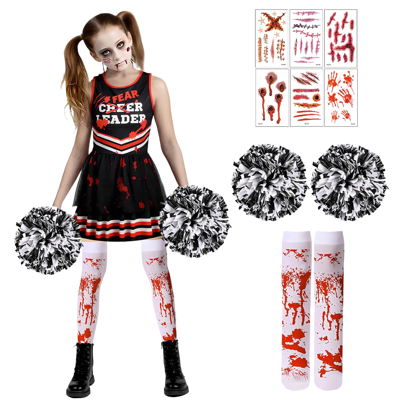 NebulaGlam Children's Cheerleader Costume Halloween, Zombie Cheerleader Costume