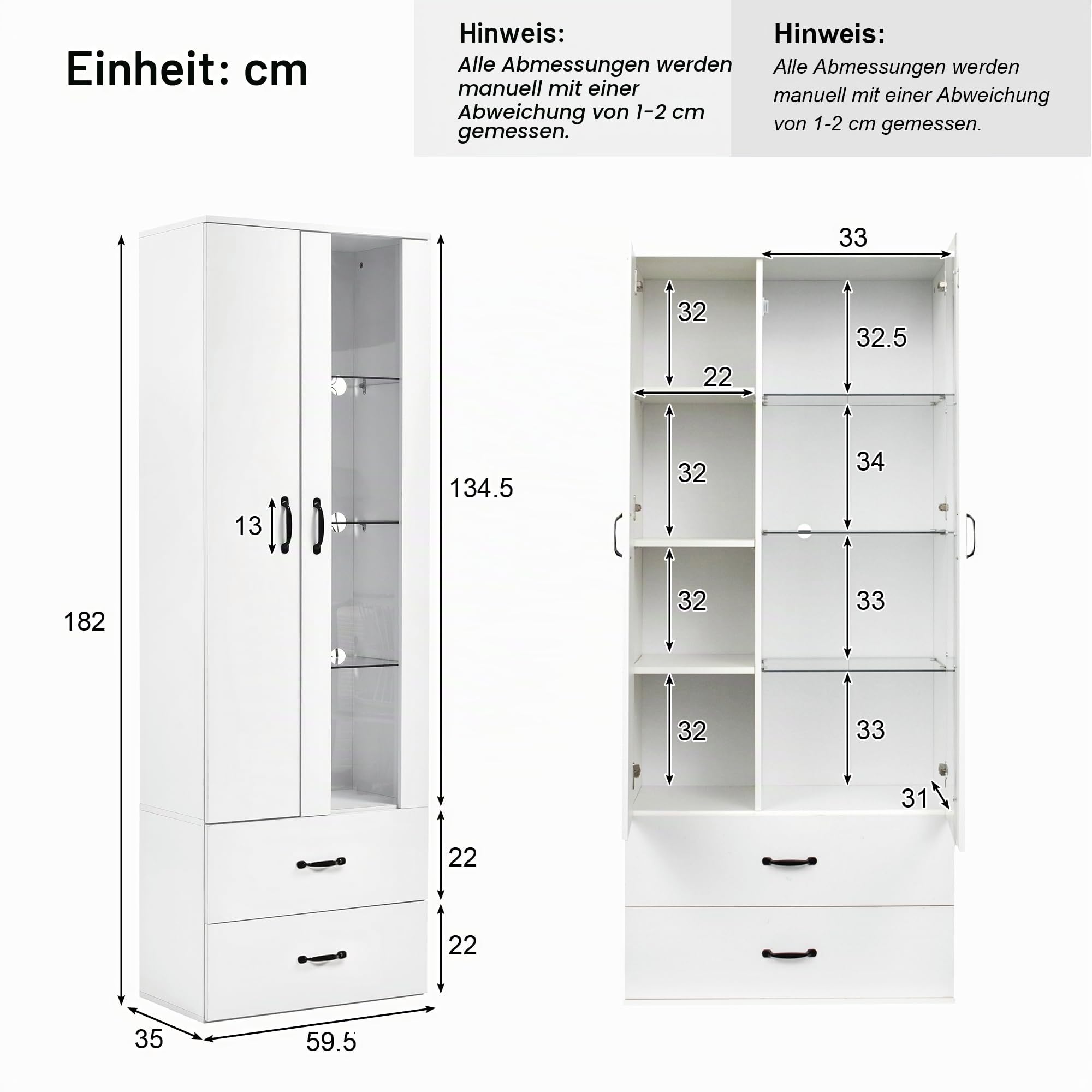 KAZZIO 16 Farben LED-beleuchtete Vitrine, 2 Türen, 2 Schubladen mit Glastüren, Standvitrine Weiße, Wohnzimmer Wohnzimmerwand LED-Schrank Buffetschrank Hochregal Bücherreg