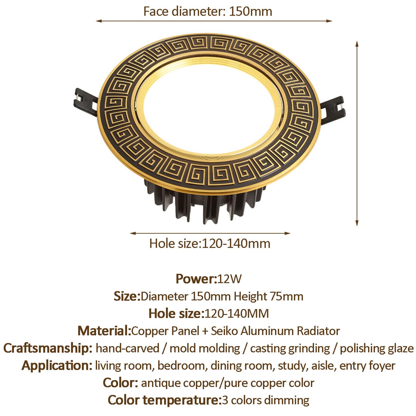 Downlight LED Ultrafino de latón, Foco empotrable para Techo, Downlight LED empotrable para Interiores Regulable de 3000K a 6000K, Luces empotrables Redondas, latón.,Brass