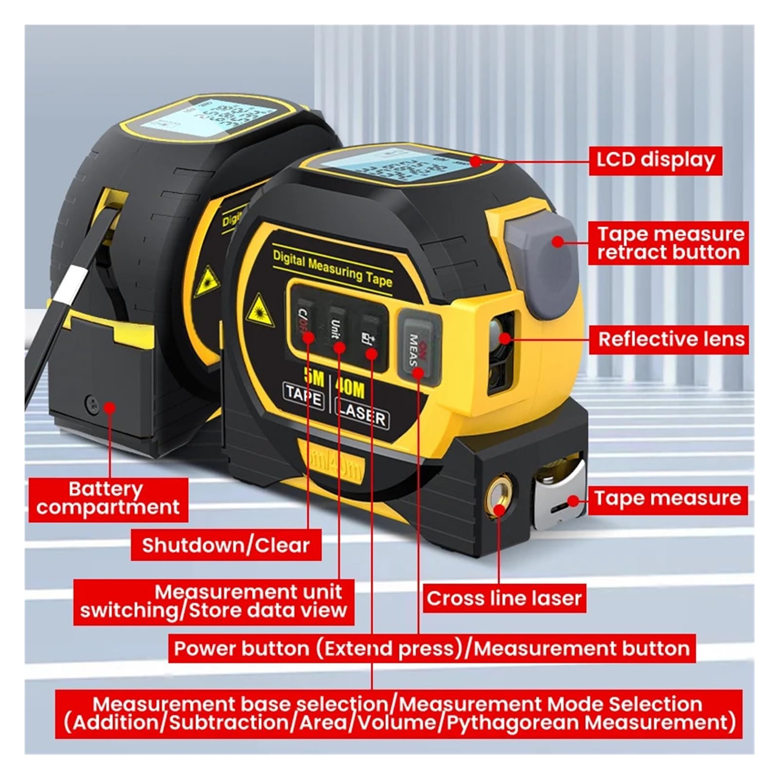 Cinta Métrica 3 En 1, Cinta Métrica Digital, Telémetro De Alta Precisión, Cinta Métrica De Acero, 1 Ud.(60m)