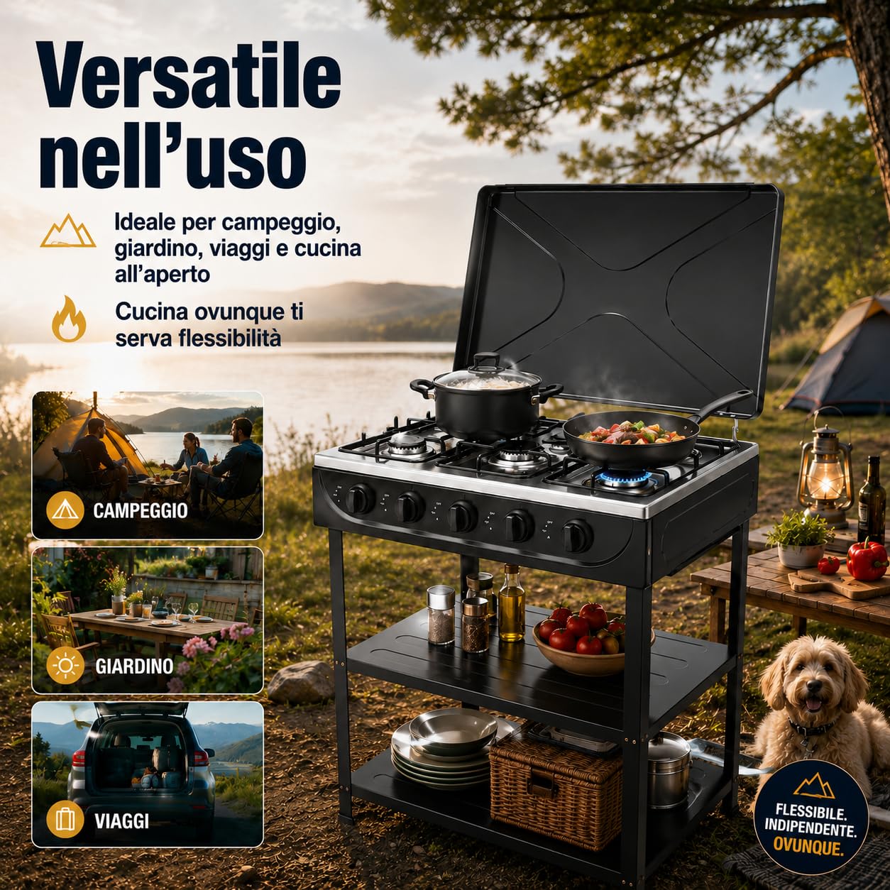 Piano cottura a gas, 5 fuochi, 2,5 kW, portatile, per campeggio e casa