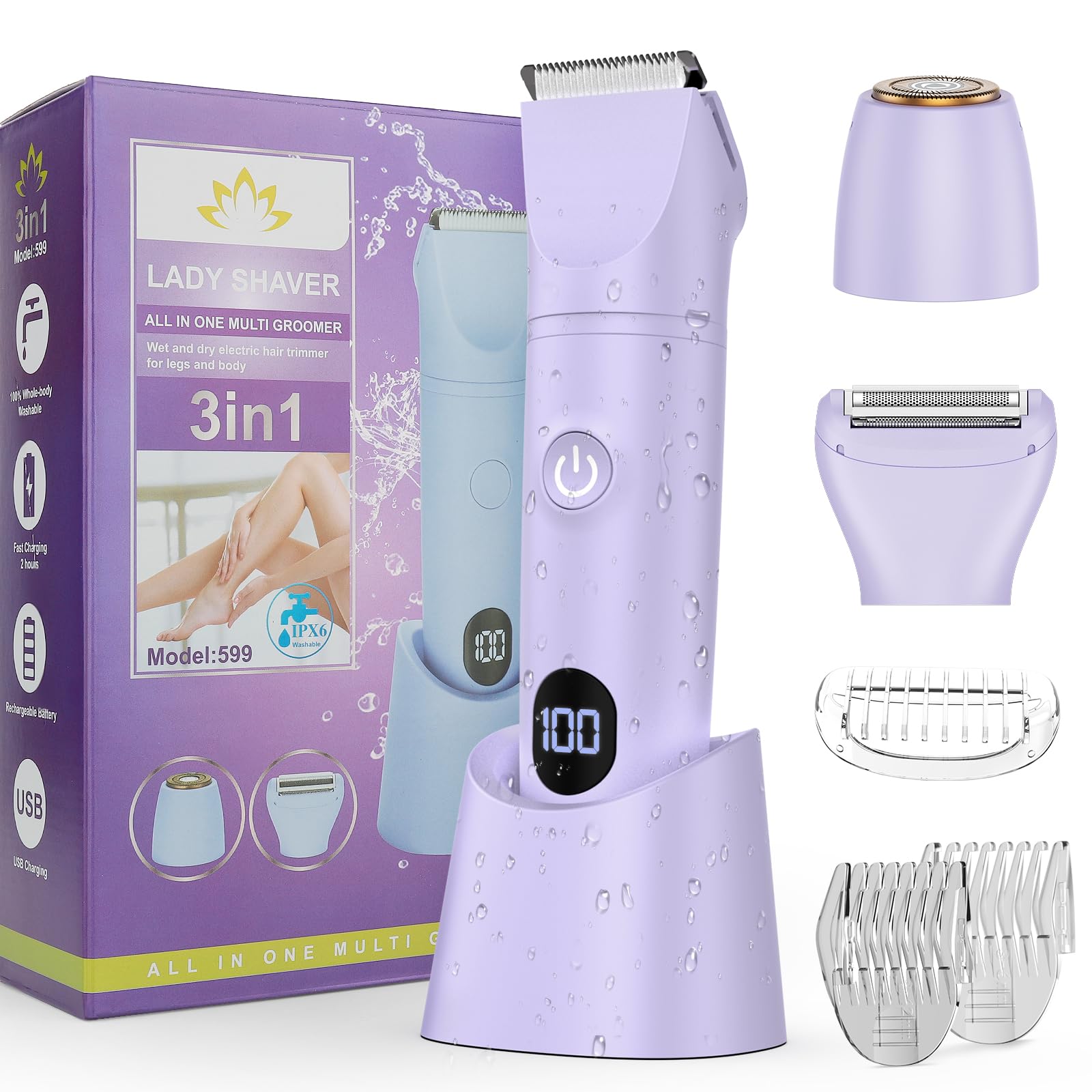 Rasoio elettrico per bikini da donna, kit 3 in 1 per la rimozione dei peli del corpo, per viso, pubico, braccia, gambe, ascelle, trimmer bikini, indolore, IPX6, impermeabile, ricaricabile, portatile