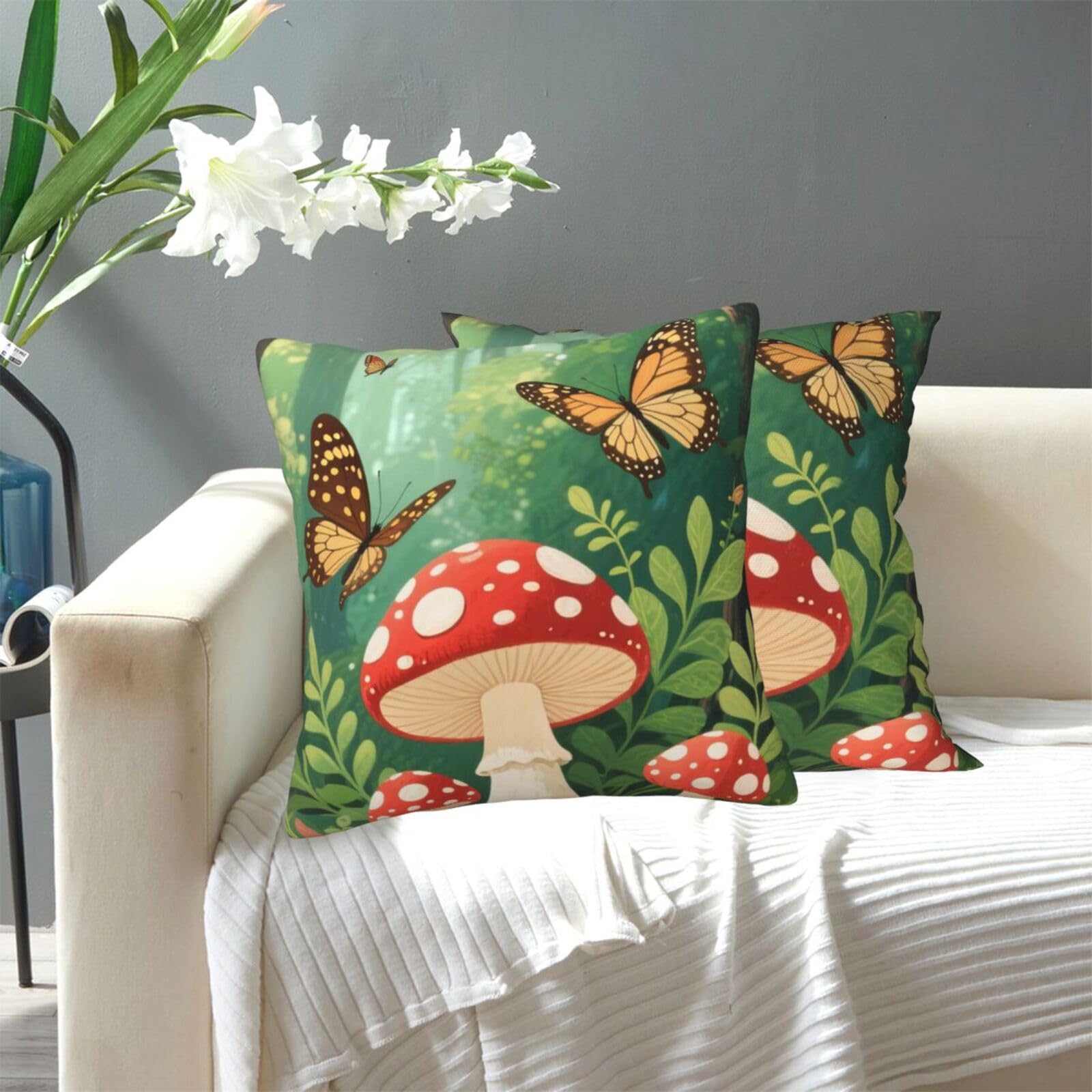 FekiLoot Decorative Throw Pillow Covers Modern Farmhouse Pillowcase Double Sided Cozy Cushion Cover for Sofa Couch Bed 20"X20" Red Mushroom Butterfly