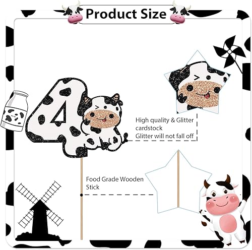 Miniatura 2 de Decoración para pastel de 4 cumpleaños de vaca con purpurina blanca, decoración de pastel de vaca sagrada con texto en inglés "I'm Fow" para niños y
