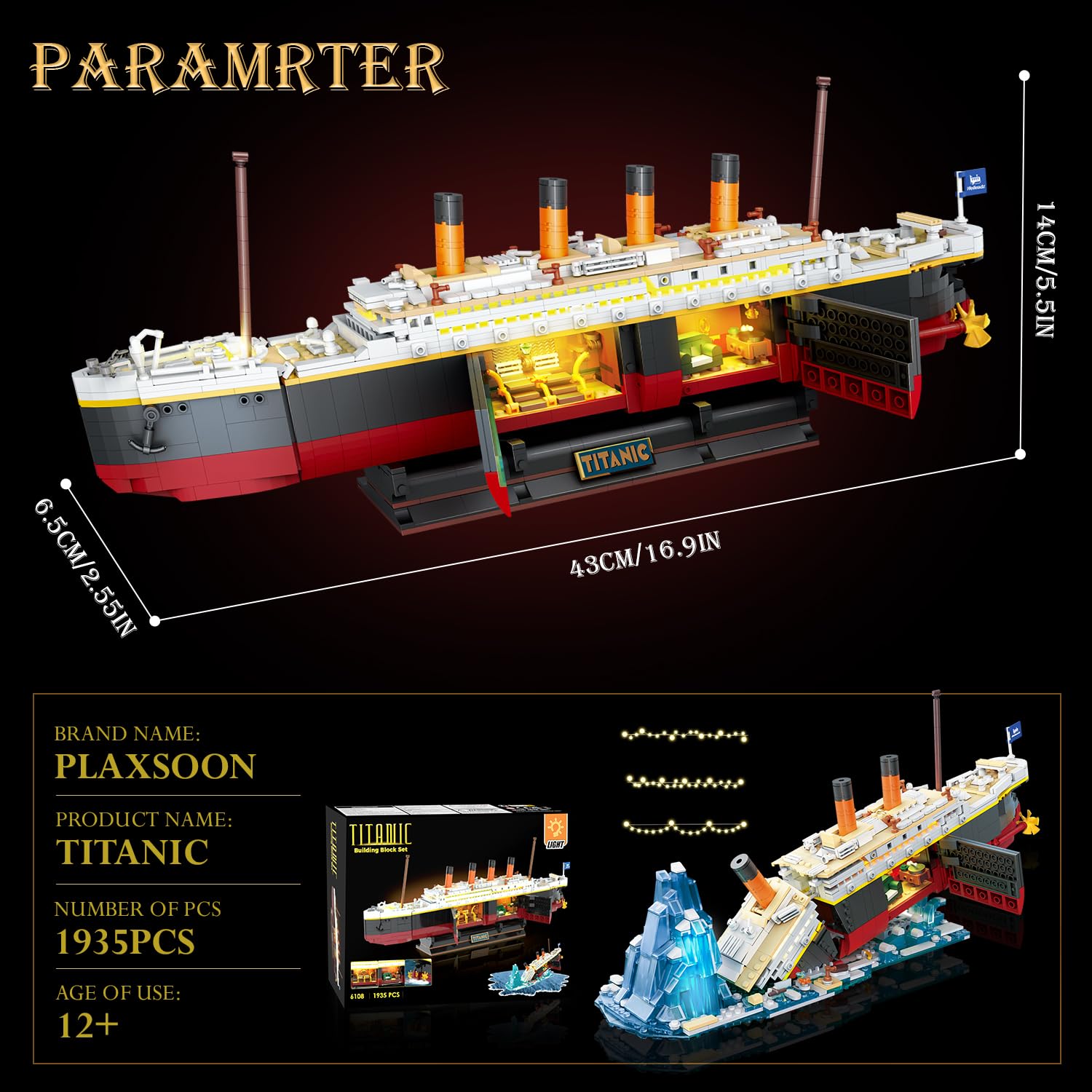 PLAXSOON Juego de construcción Titanic 2 en 1 con luces, 1935 piezas, kit de bloques de construcción mini de barco Titanic con soporte de exhibición de glaciar, modelo de barco de decoración del hogar