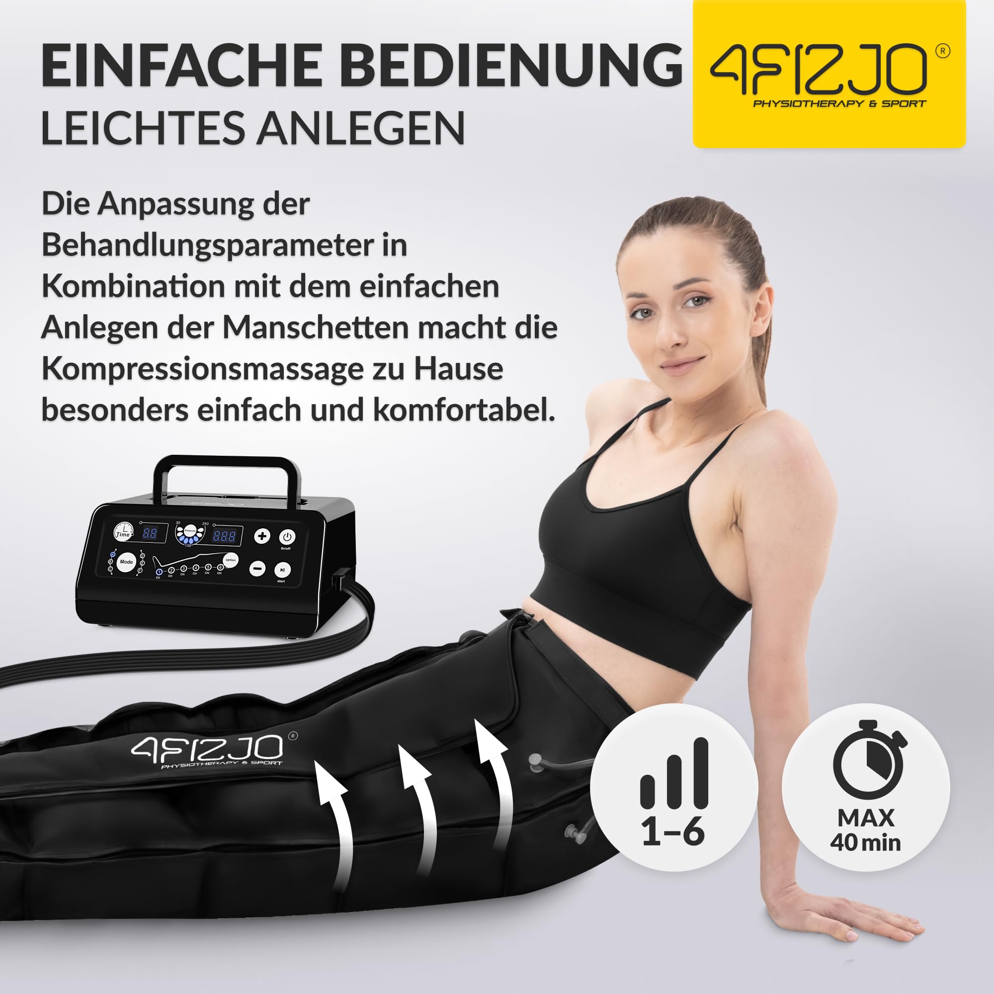 4FIZJO Lymphdrainage-Gerät MED C6, Pressotherapie, Beinmassagegerät, Für Venenrückfluss & gegen Wassereinlagerungen, Maximale Recovery & Entspannung, 30-250 mmHG, 6 Luftkammern, 6 Massageprogramme