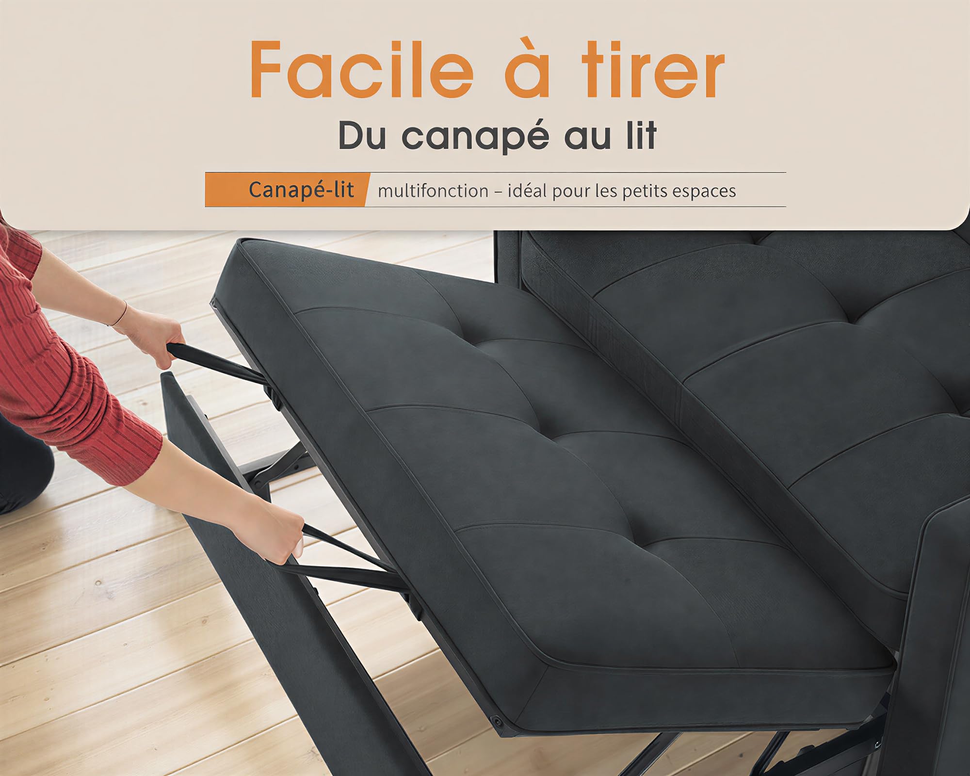 LUXOAK Canapé-lit 3 en 1 avec dossier réglable en 5 positions, coussin et poche latérale, canapé en lin gris, 186 x 122 cm