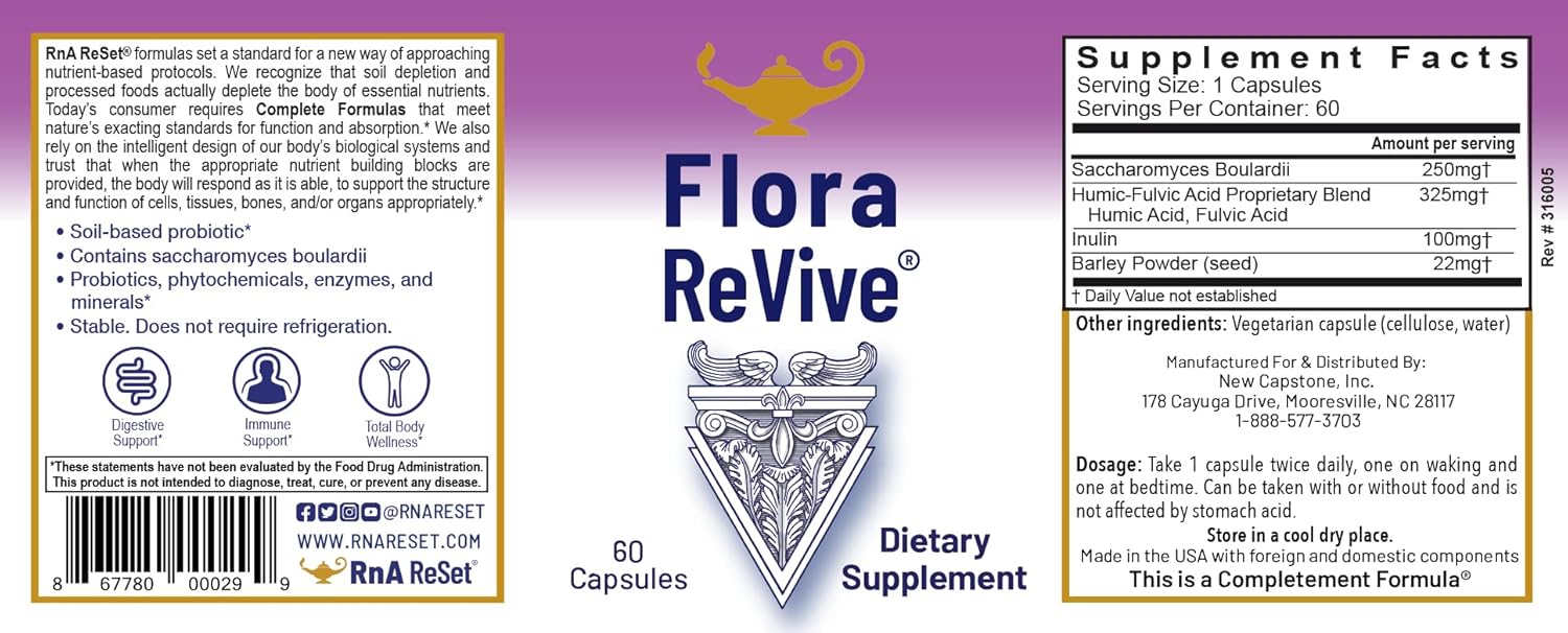 RnA ReSet Flora Revive – Soil-Based Daily Probiotic with Prebiotics & Humic-Fulvic Blend, Shelf-Stable, Gut Health, 10 Billion CFU (60 Capsules) NSF Contents Certified