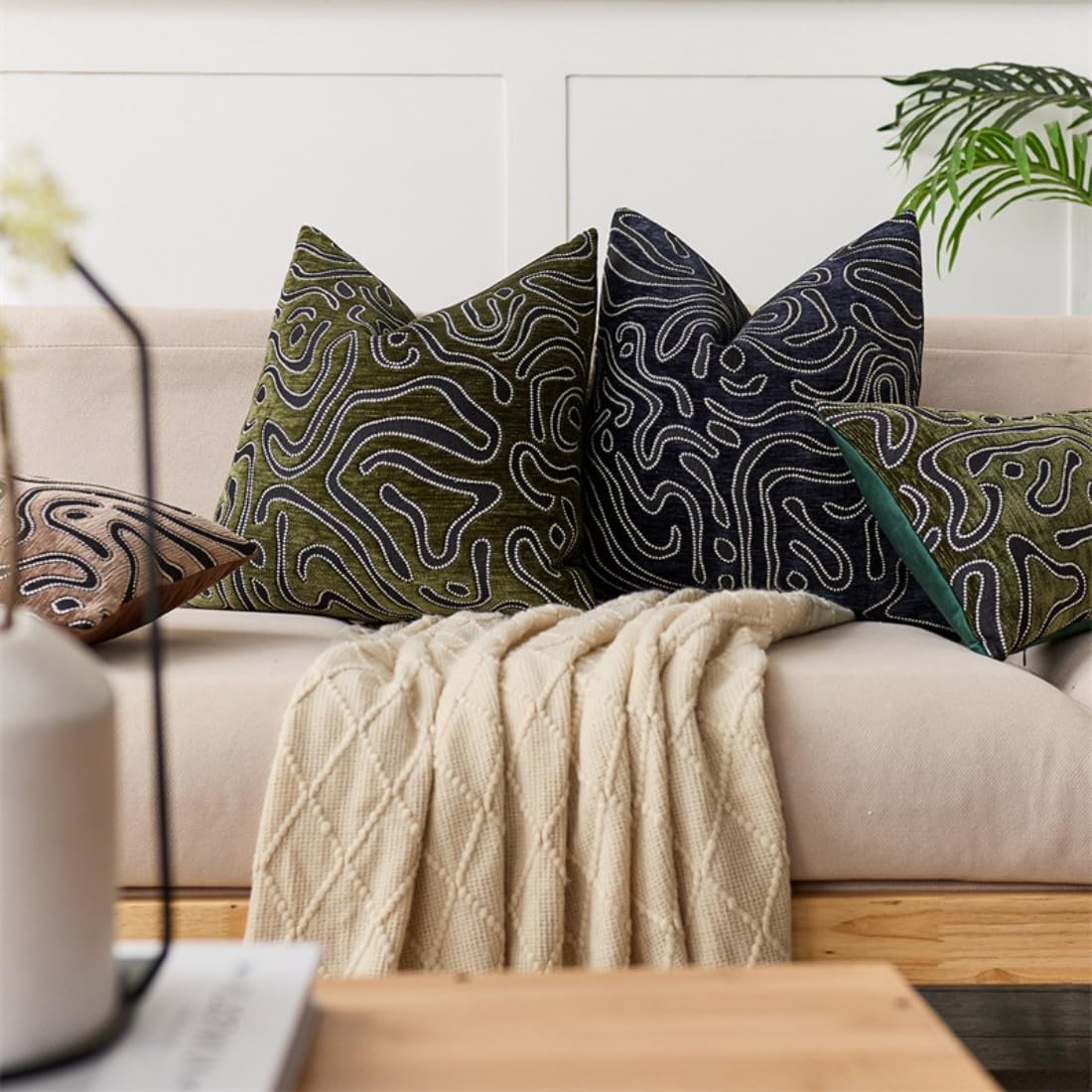 Set of 2 Black Modern Minimalist Chenille Throw Pillow Covers 18x18 Inch, Abstract Swirl Pattern Decorative Cushion Cases for Living Room, Bedroom, Sofa and Chair