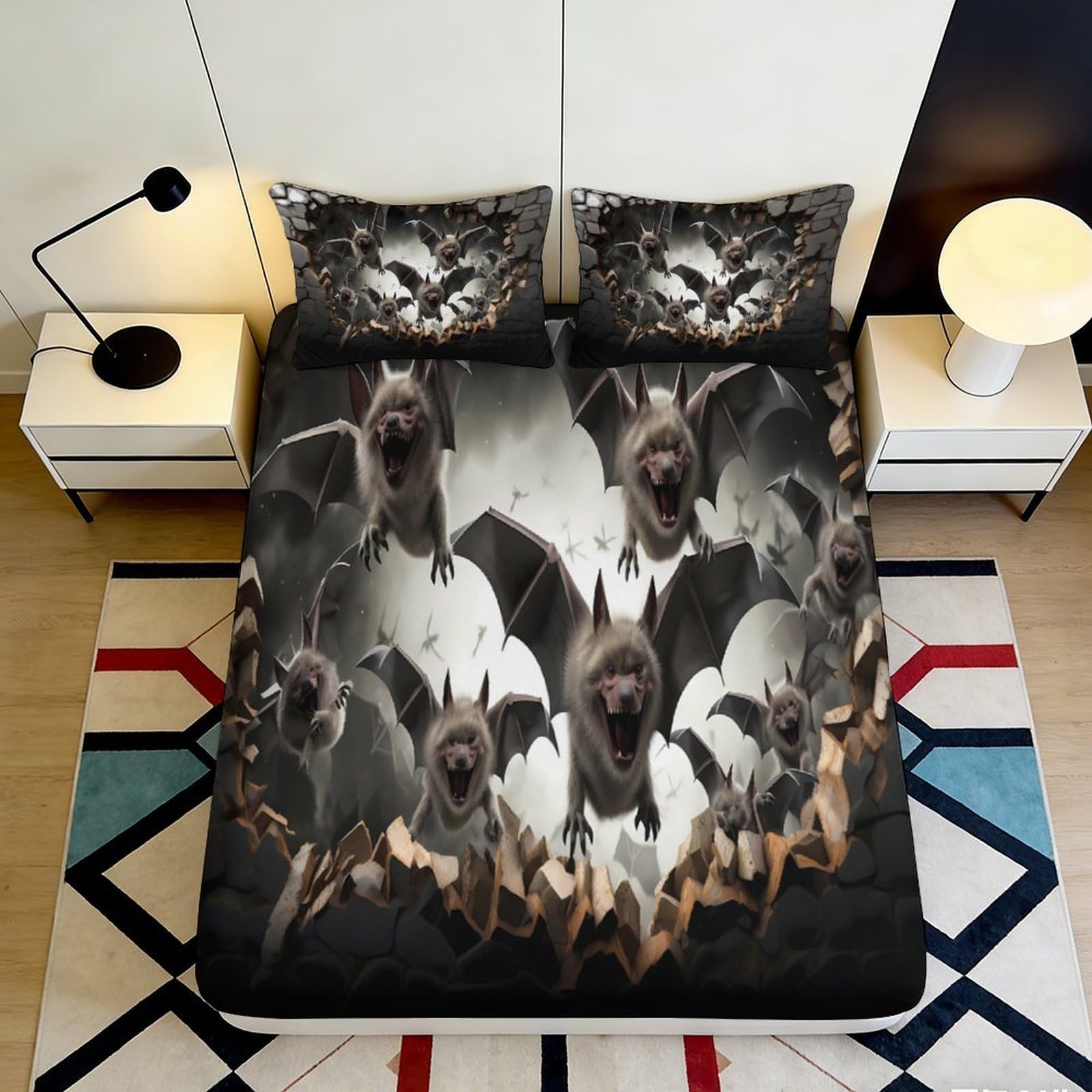 3D Printed Horror Bat Night Fitted Sheet Microfiber Soft Black Gothic Flying Bats Mattress Cover for Bedroom Dorm Decor 120x200x25cm