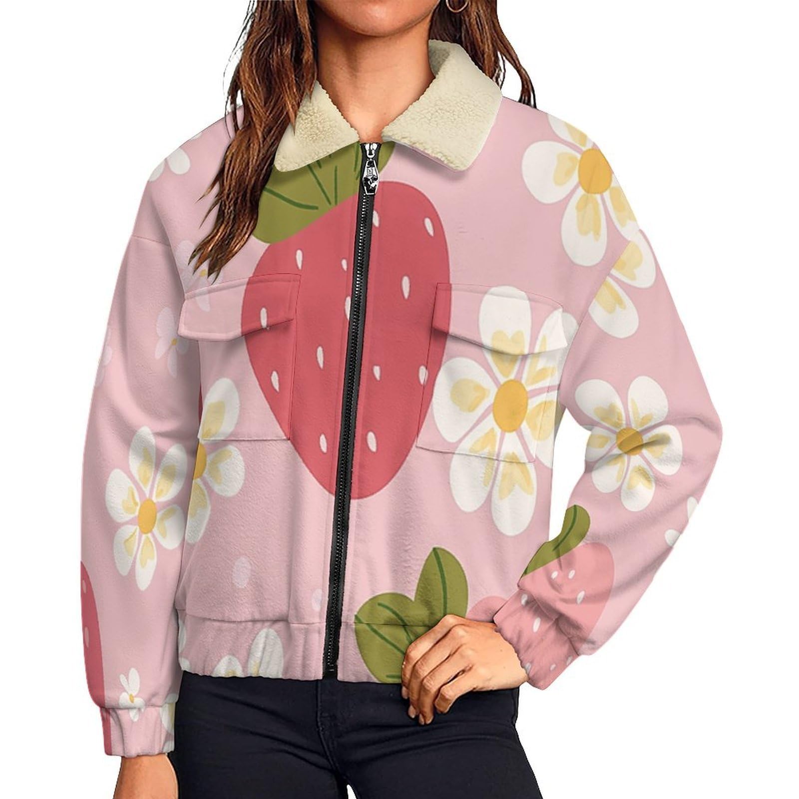 Donna Pile Stampa geometria Caldo con Cerniera, Giacca da Camera Invernale Corta Pile Giacche, Fiori fragola Cappotto In Peluche Sherpa Giubbotto Fleece Comoda