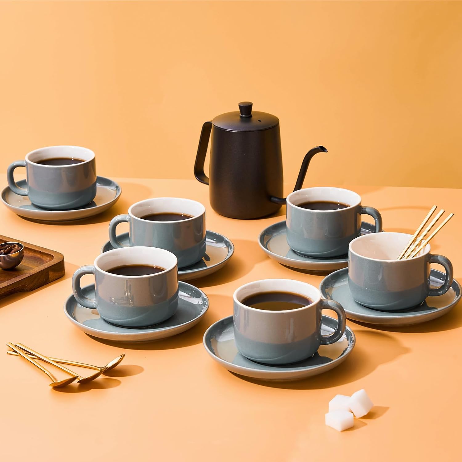 8oz Cappuccino Cups Set of 6, Ceramic Coffee Cups and Saucers Set with Spoons, Gray Durable Coffee Cups for Cappuccino Espresso Latte Mocha Au Lait Macchiato Cafe