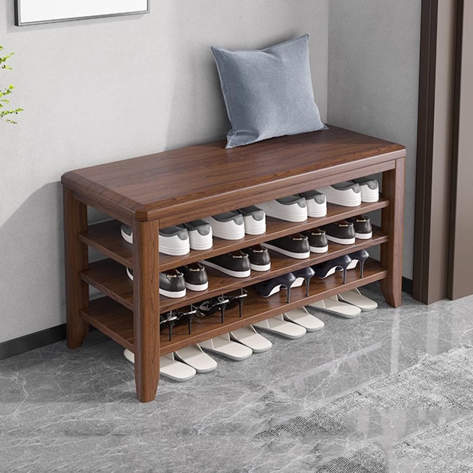 Banc à chaussures entrée étagère rangement bois massif noyer 100 cm