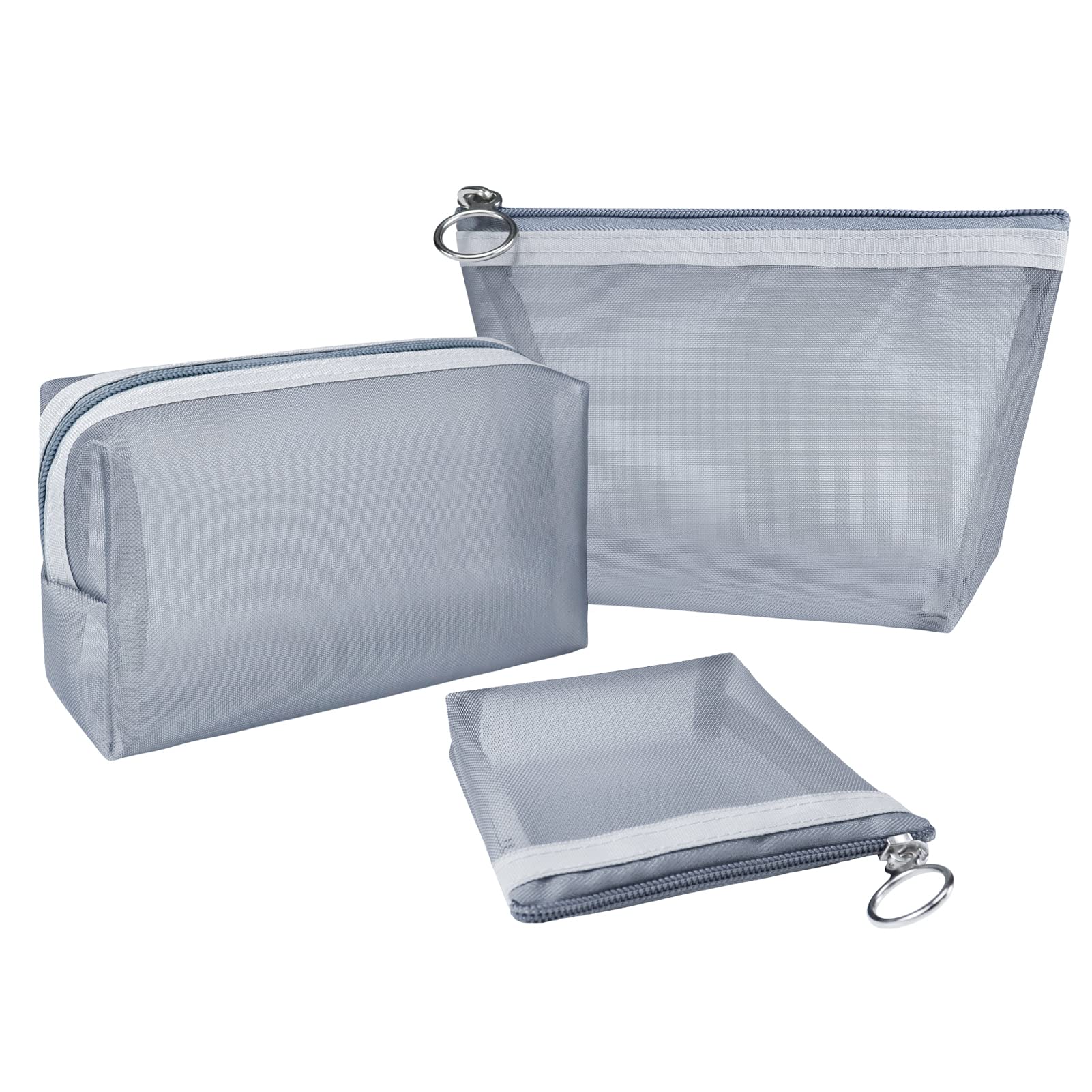 Aosbos 3 Piezas Neceser Mujer de Malla, Neceser Maquillaje Transparente para Viaje, Malla Bolsa de Aseo para Hombre, Bolsa de Artículos de Tocador, Bolsa de Cosméticos con Cremallera para Playa, Gris