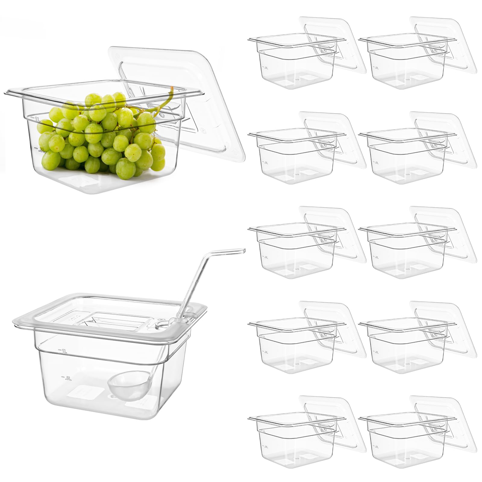 Confezione da 12 padelle in plastica trasparente con coperchi, 1/6 di misura 10,2 cm, in policarbonato, impilabili, per hotel, con 1 cucchiaio, per frutta e verdura