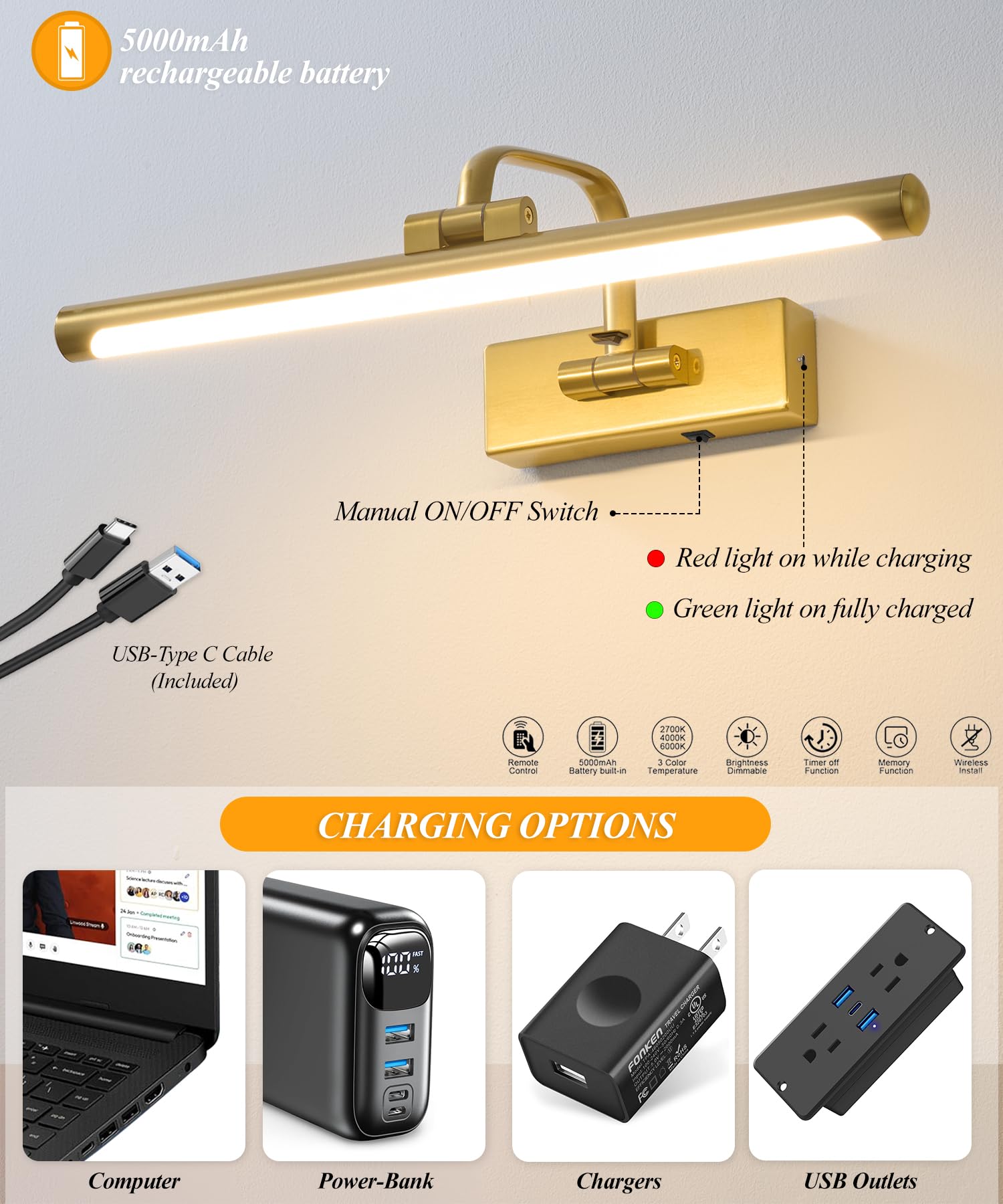 Kabellose Bilderleuchte für Wand, wiederaufladbares Licht für Bilder mit Fernbedienung & Timer, 40,6 cm dimmbares Goldkunstlicht für Gemälde, batteriebetriebene LED-Wandleuchte mit 3CCT für