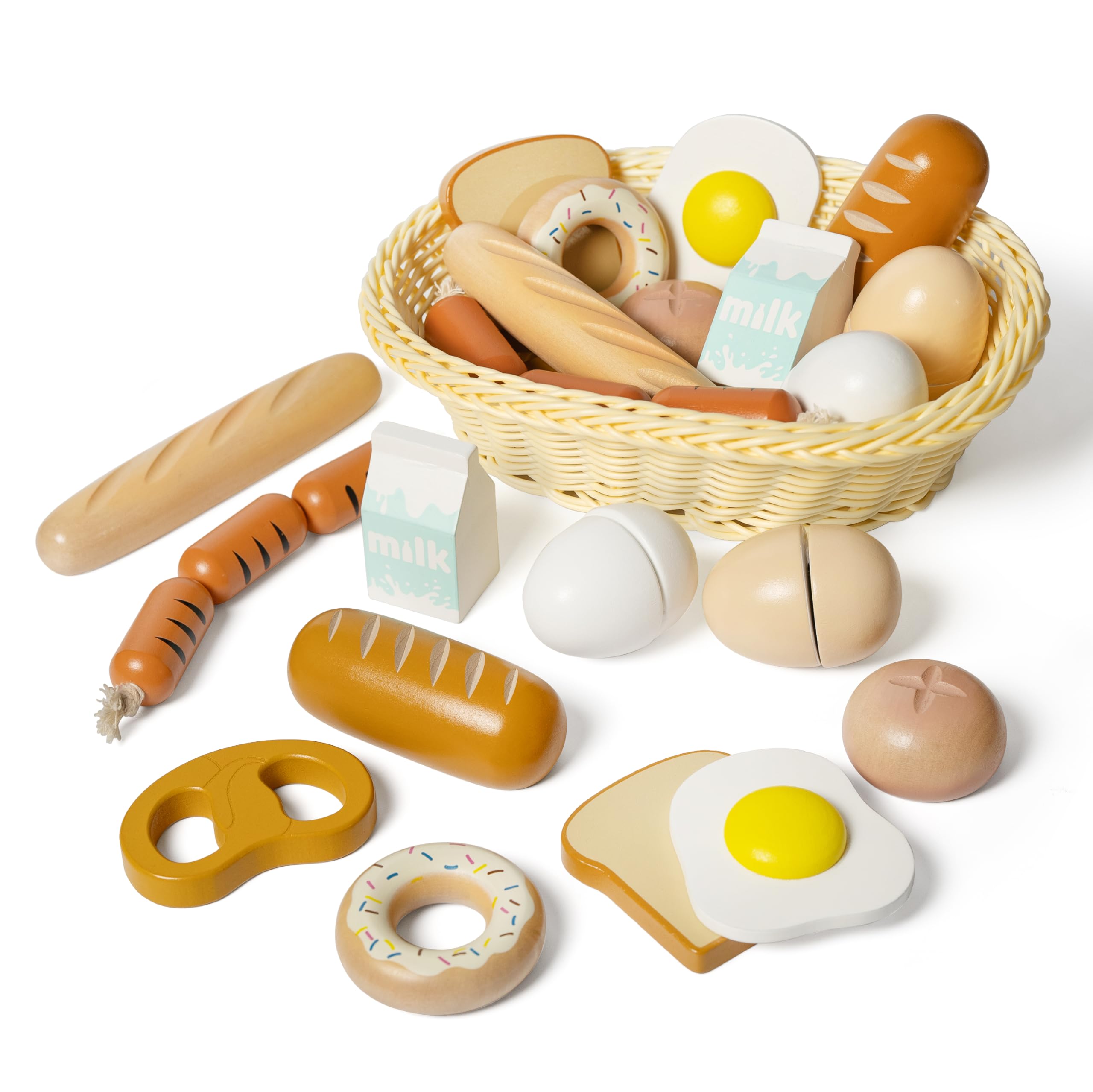 Wooden Toy Food Breakfast with Basket - 11 Piece Set - Kidoz Toys