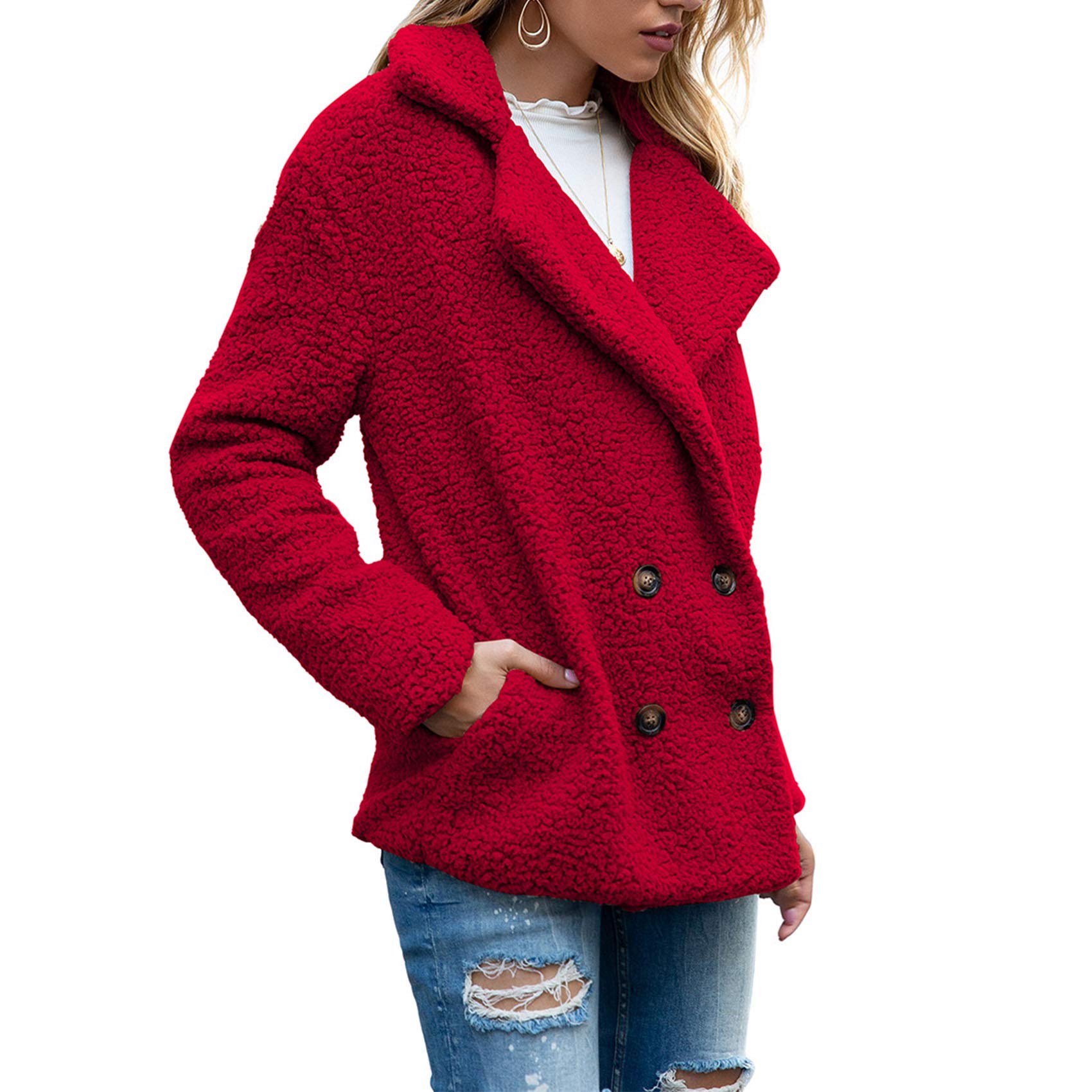 Boutons d'automne Et d'hiver, Revers, Cardigan en Molleton Ample, Manteau De Laine GâTeau De Mouton Femmes, Vestes, Hauts