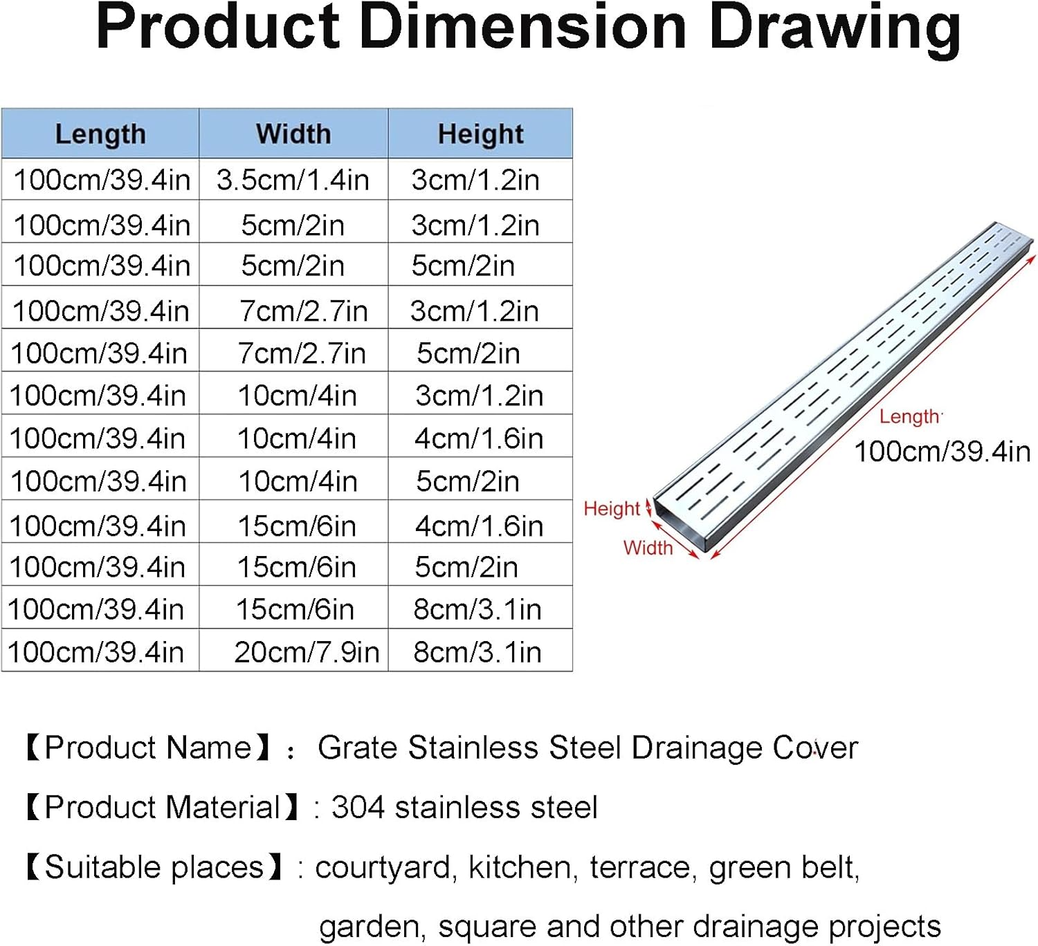 Slim Stainless Steel Trench Drain Kit for Outdoor Use – Includes Gutter Cover & Grates for Driveway, Bathroom, Garden, Patio, Kitchen (7x3cm / 2.7x1.2in)