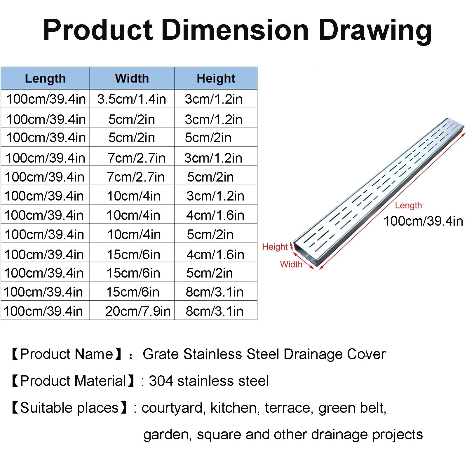 Kit de desagüe de Canal de Acero Inoxidable - Desagüe de Zanja Estrecho Exterior 304 con Rejilla extraíble para Patio, jardín, Granja, terraza - Filtros lineales para canaletas de Lluvia (5X