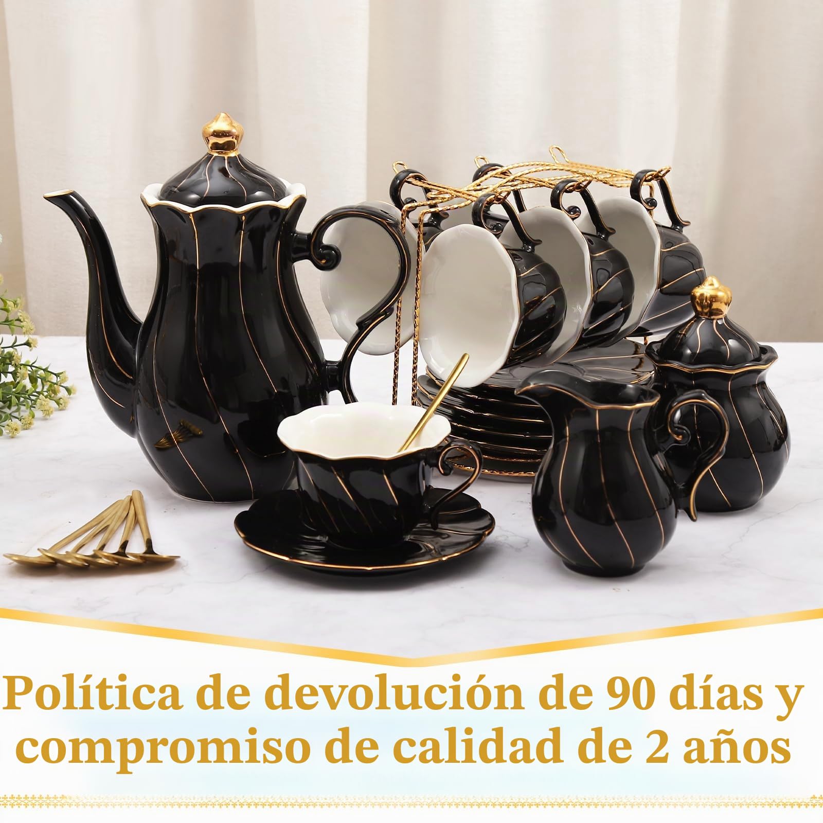 DUJUST Juego de té de porcelana de 22 piezas para 6, juego de tazas de té y café de estilo británico de lujo con borde dorado, hermoso juego de té para mujeres, juego de fiesta de té, paquete de