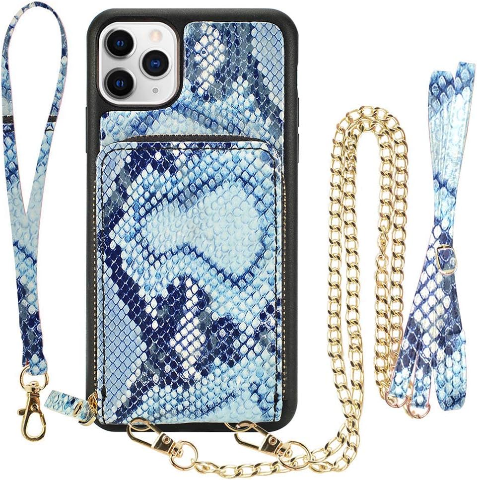 JLFCH iPhone 11 Pro Wallet Case, iPhone 11 Pro Crossbody Case with Zipper Credit Card Slot Holder Wrist Strap Lanyard Protective Cover Women/Girl Purse for iPhone 11 Pro 5.8 inch - Snake Grain Blue