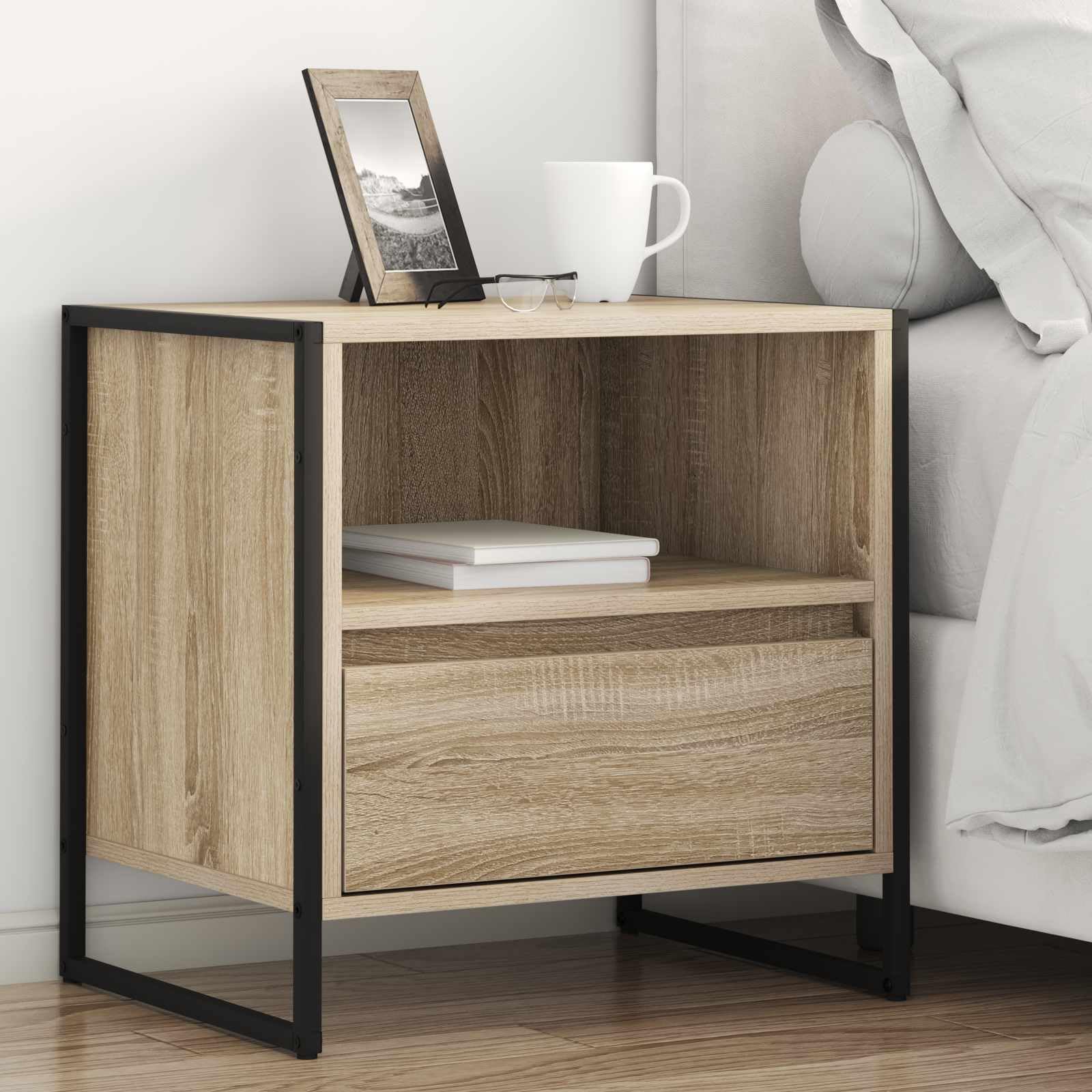 Comodino Sonoma 50 x 39,5 x 50 cm, moderno in legno con cassetto e gambe in acciaio inox, comodini robusti per camera da letto e camera degli ospiti