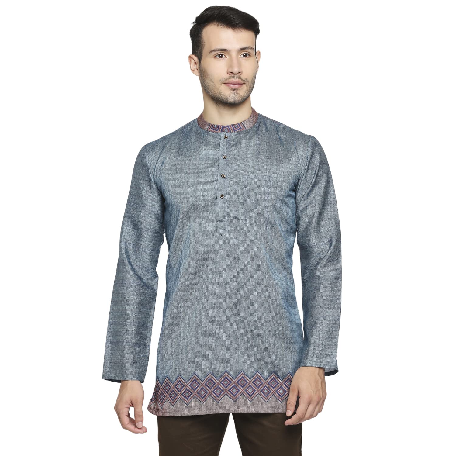 Men’s Sea Green Poly Cotton Full Sleeve Kurta | Slub Textured with Multicolor Collar Design | Regular Fit Mandarin Collar | Hip Length-image-22