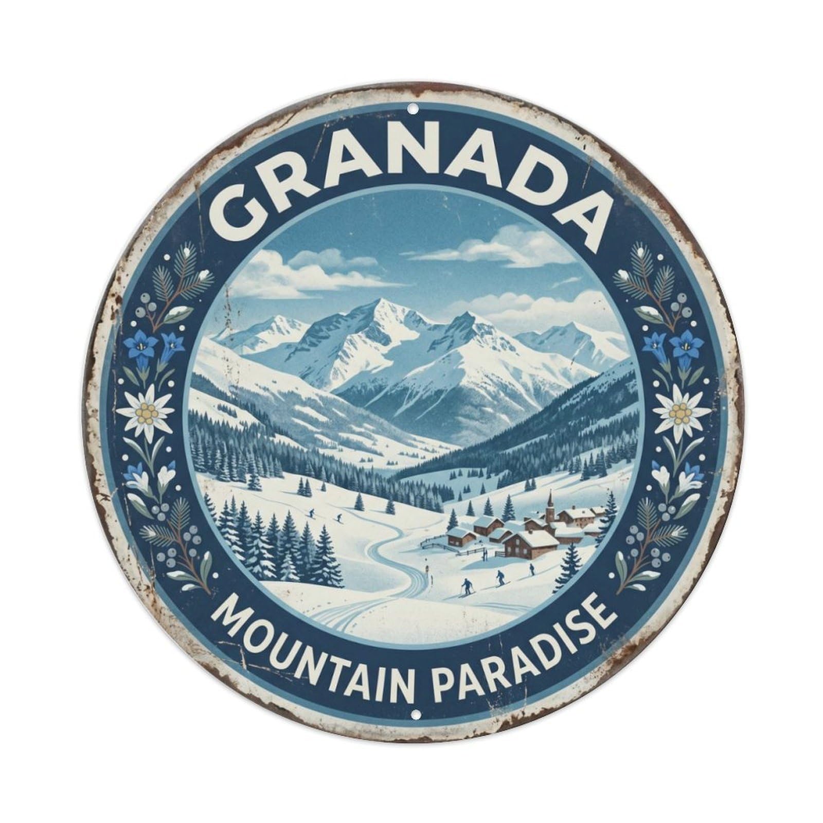 Vintage Travel Sierra Nevada Granada Mountains Metal Tin Sign Plaque Wall Decor for Cafe, Club Bar, Office, Home Garden Round Metal Poster 8x8Inch