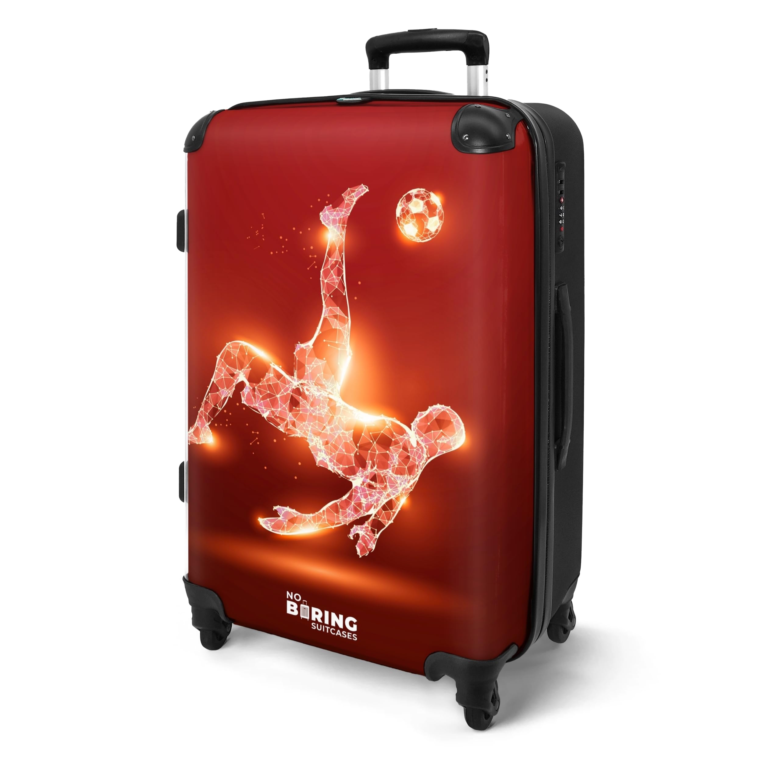NoBoringSuitcases.com® Koffer Kinder Groß 67x43x25 cm Reisekoffer Kinderkoffer 4 Rollen Leicht Kindertrolley Mittelgroß Reise Hartschalenkoffer Fußball - Rot - Omhaal - Neon
