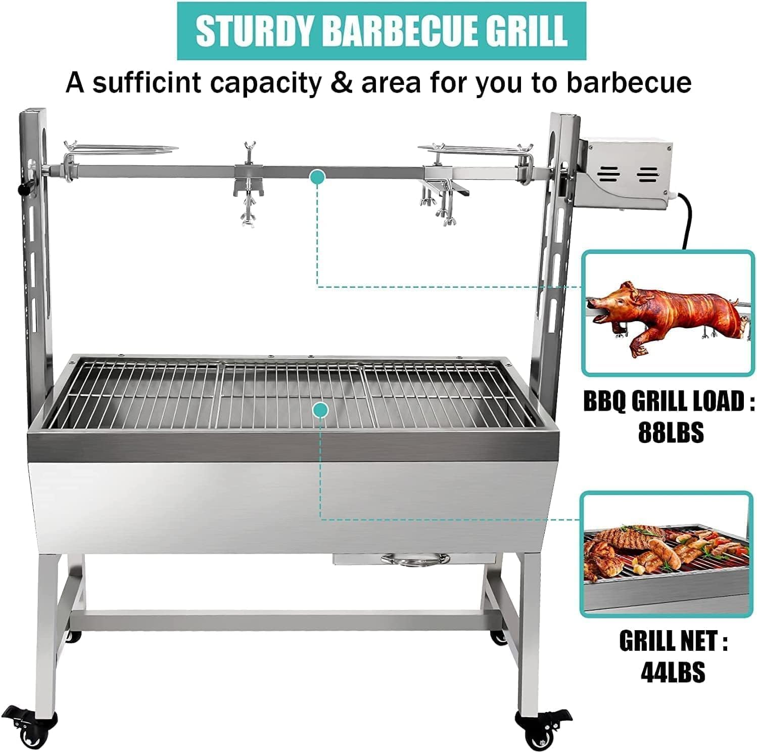 Stainless Steel Rotisserie Grill, 25W Motor Small Pig Lamb Roaster, 37'' 2 in 1 BBQ Charcoal Rotisserie Grill for Camping Outdoor Kitchen