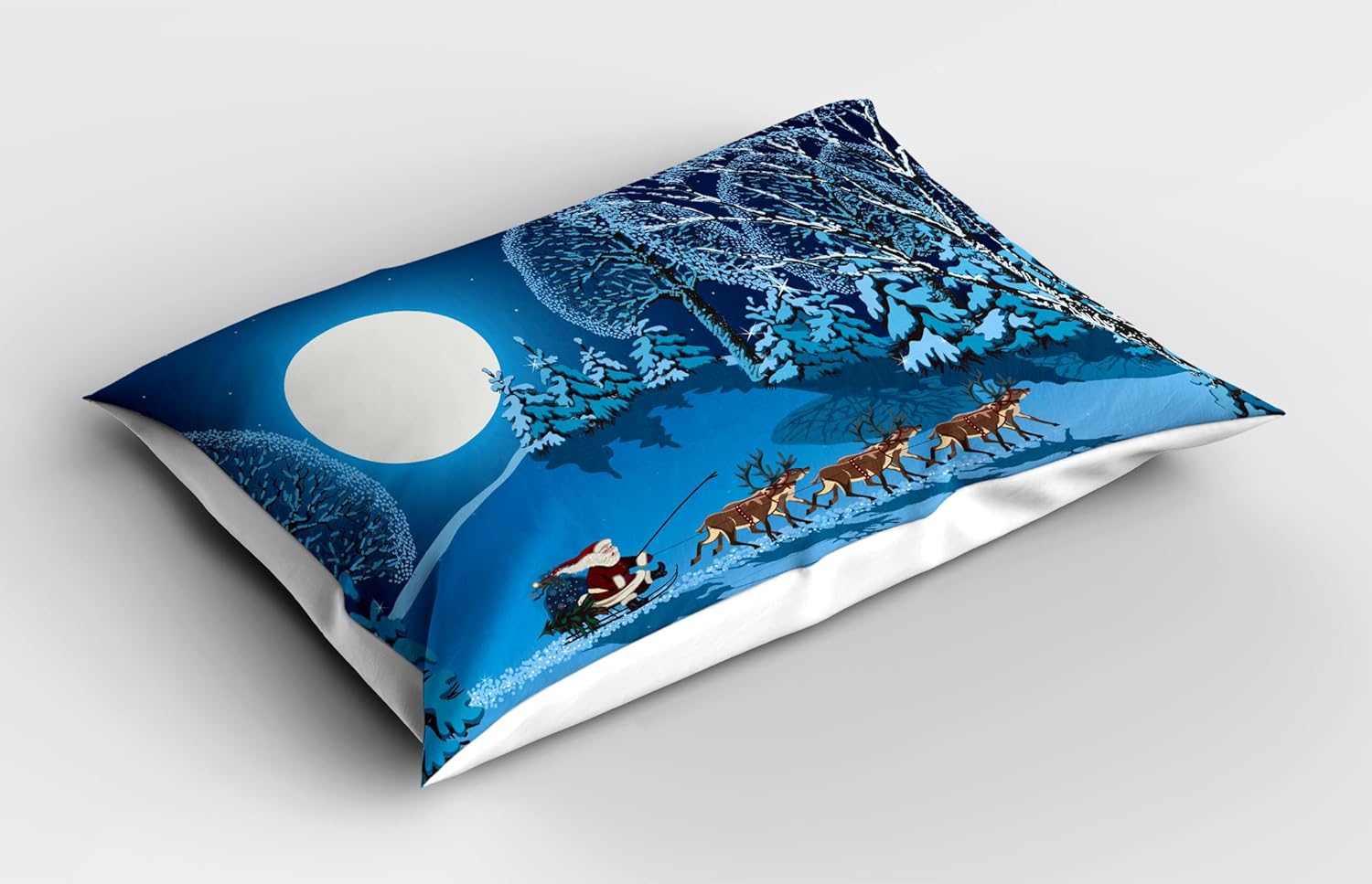 Ambesonne Christmas Pillow Sham Set of 2, Santa in Sleigh a Night Full Moon The Sky Snowy Winter Xmas Theme Print, Quality Microfiber Bedding Item for All Seasons, 30" x 20", Navy Blue