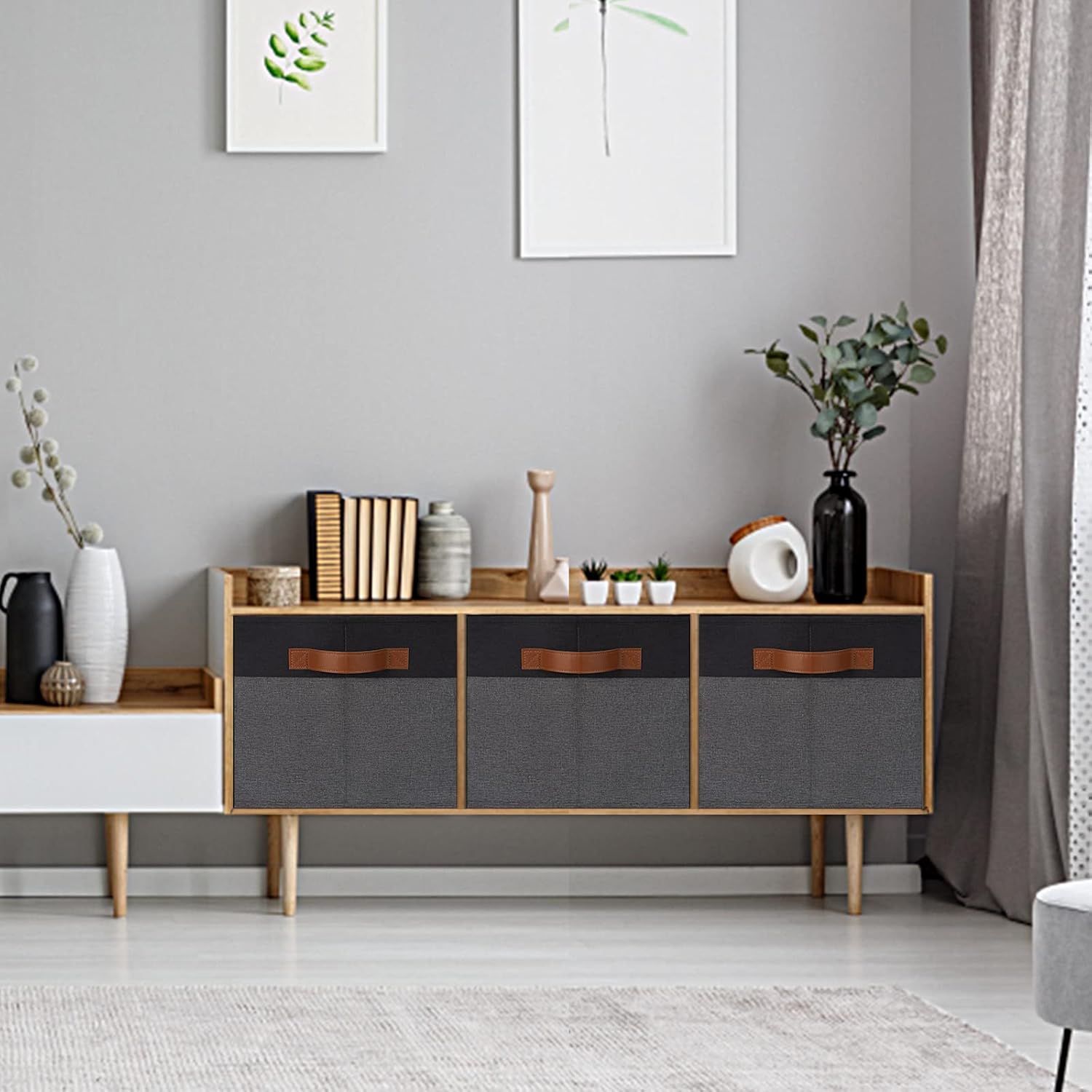 Large Fabric Storage Bins(6-Pack), Foldable Fabric Storage Baskets for Shelves, Sturdy Storage Boxes with PU Handles for Organizing Closet Home Bedroom Office (26L, Grey&Black)