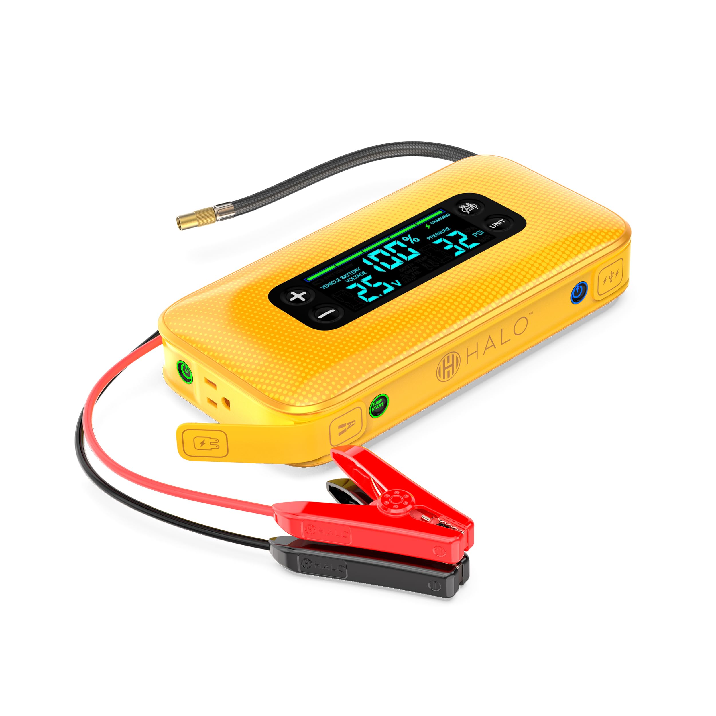 HALO Bolt Ultimate 3 Portable Car Battery Jump Starter | 130 PSI Air Compressor, 55.5Wh USB Power Bank, Large Display, Emergency Floodlight & Charger, Jumps Cars SUVs & Trucks, Inflates Tires — Yellow