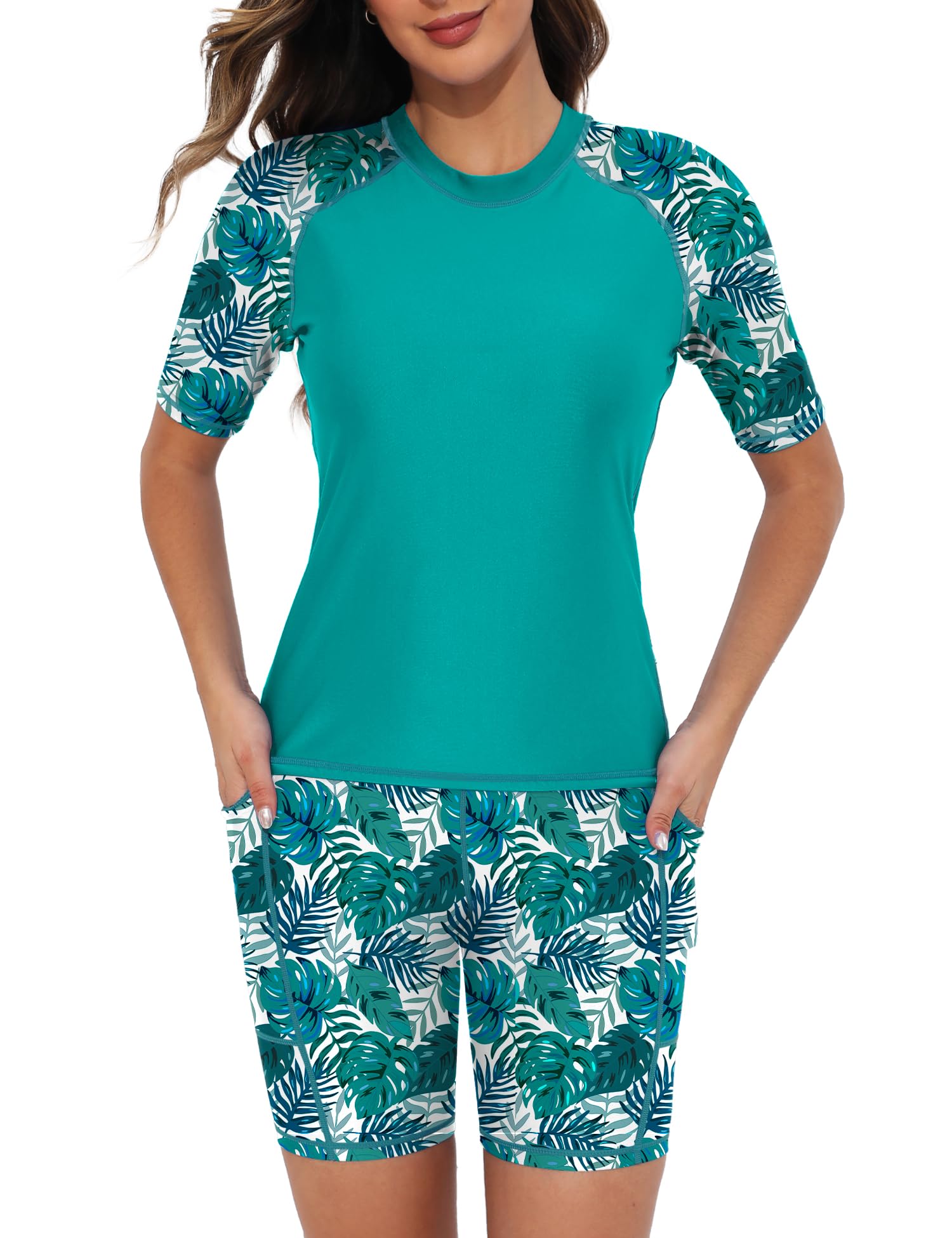 Tournesol Women's Two Piece Rash Guard Short Sleeve UPF 50+ Swim Shirts