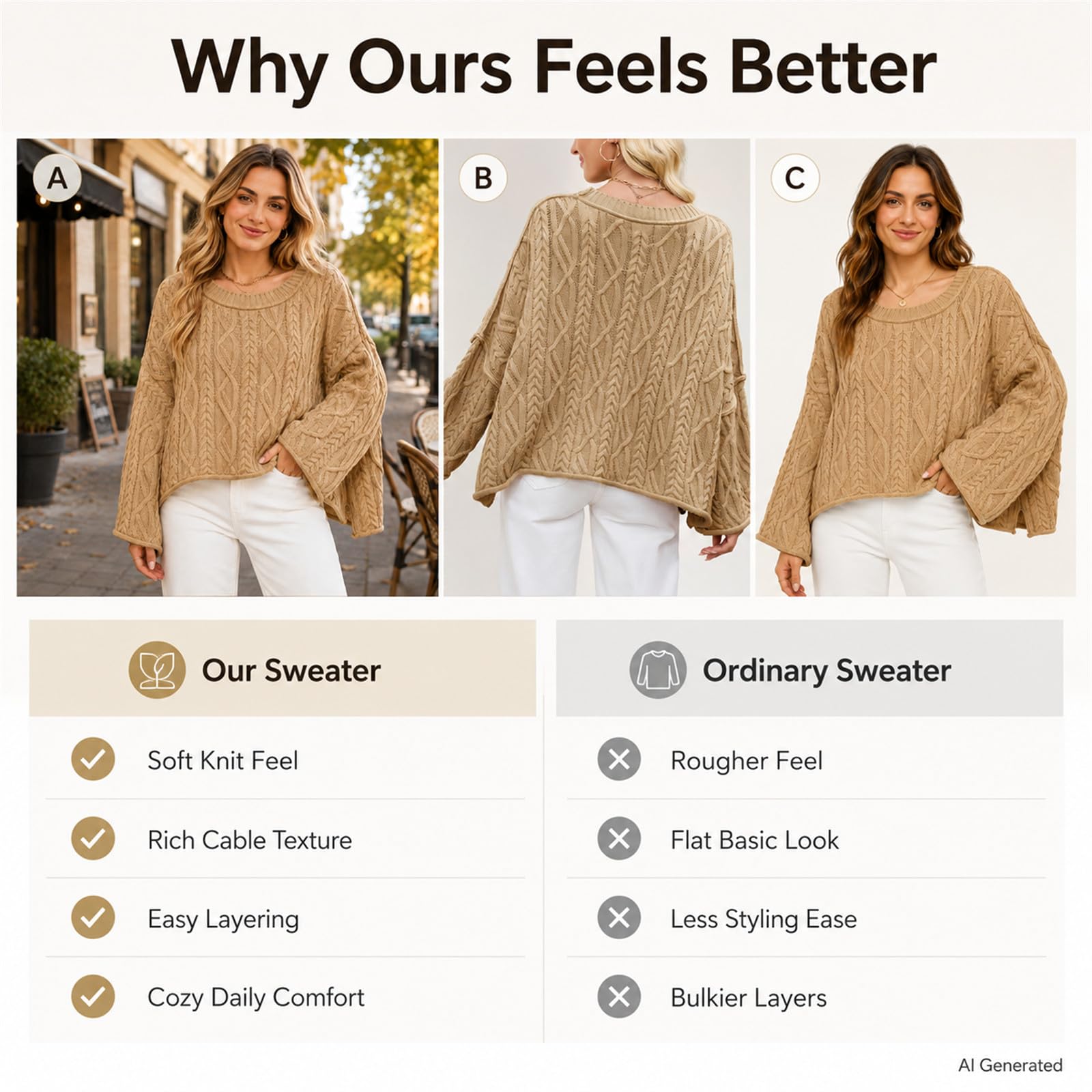 Maglione da donna a trecce girocollo oversize a maniche lunghe pullover