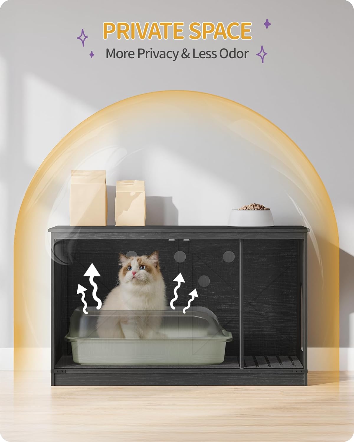 Hzuaneri Cat Litter Box Enclosure with Cushion, Hidden Litter Box Furniture with Removable Dividers, Reversible Entrance Left or Right Side, Cat House, Black CB84704X