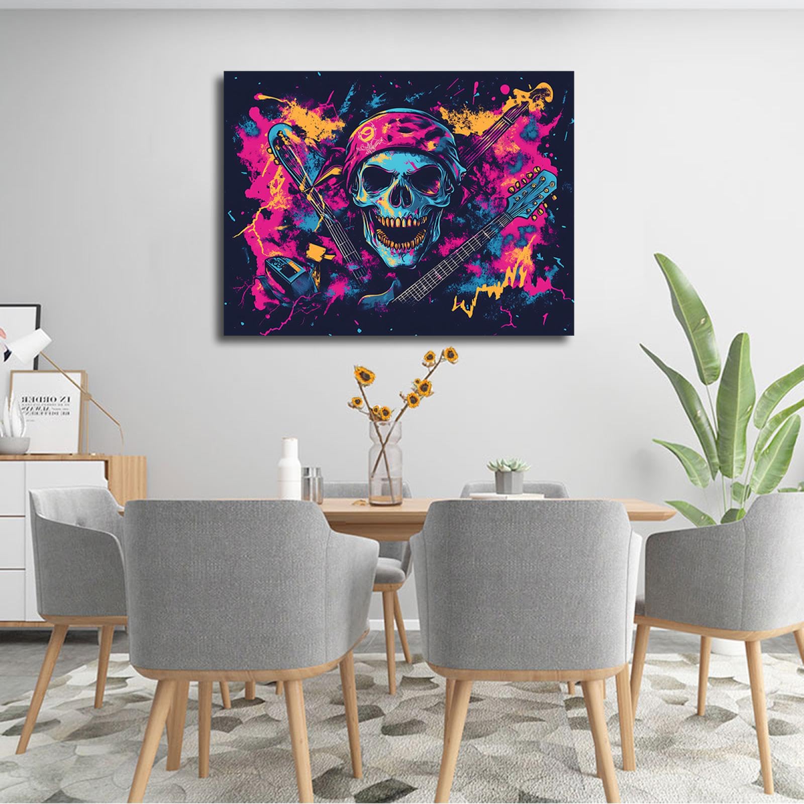 UIRINGART Impression sur toile de style hip hop Crâne psychédélique avec guitare Décoration murale pour salon Bar Halloween thème œuvres d’art affiches 80x110cm Cadre intérieur