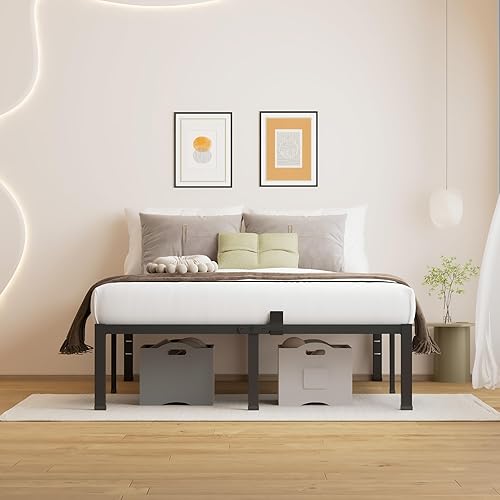 Miniatura 2 de Marco de cama tamaño King  Marco de cama de plataforma de metal resistente de 14 pulgadas, no necesita somier, fácil montaje, marcos de cama sin