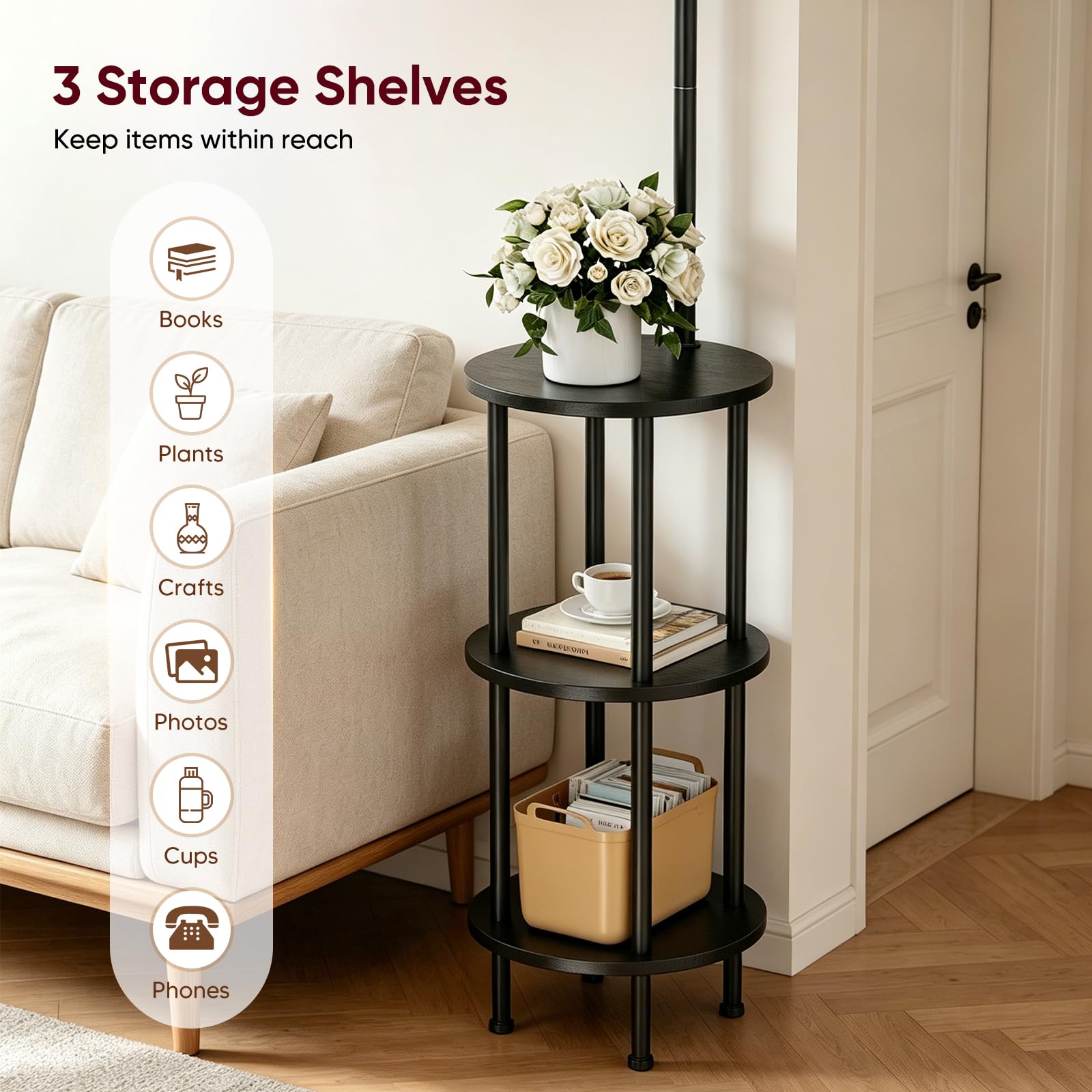 Stehlampe Wohnzimmer mit Ablage, LED Stehlampe, 3 Holzregale | 155 cm Stehlampe mit 3 Holzablagen, 3 Farbtemperaturen, 350° drehbar, E27, für Wohnzimmer, Schlafzimmer & Arbeitszimmer