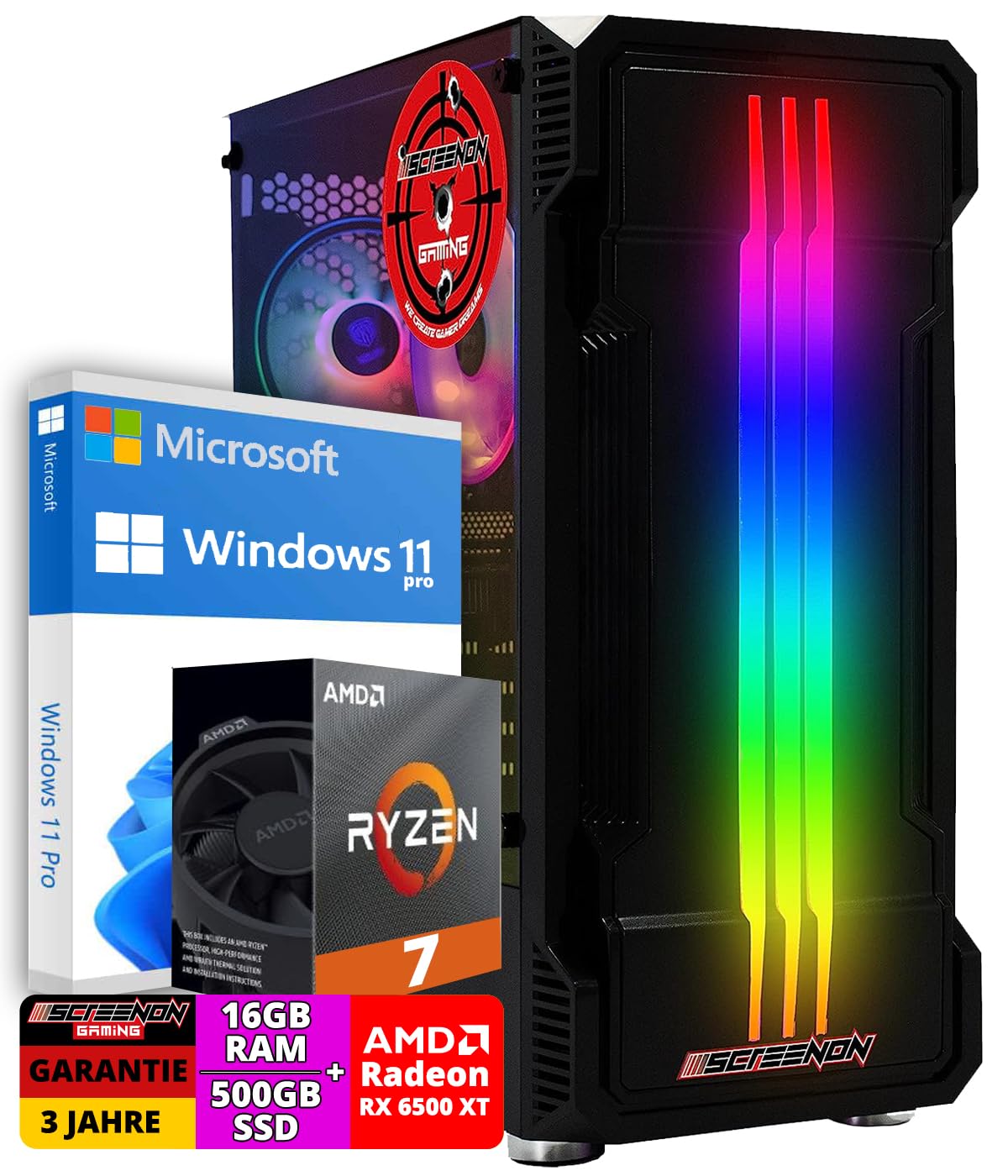Komputer gamingowy Ryzen 5 5700G • Radeon RX 6500XT (4 GB) karta graficzna • 16 GB RAM DDR4 3200 MHz • 512 GB m.2 • Windows 11 Pro • Wi-Fi 300 Mbit/s • komputer dla graczy z 3-letnią
