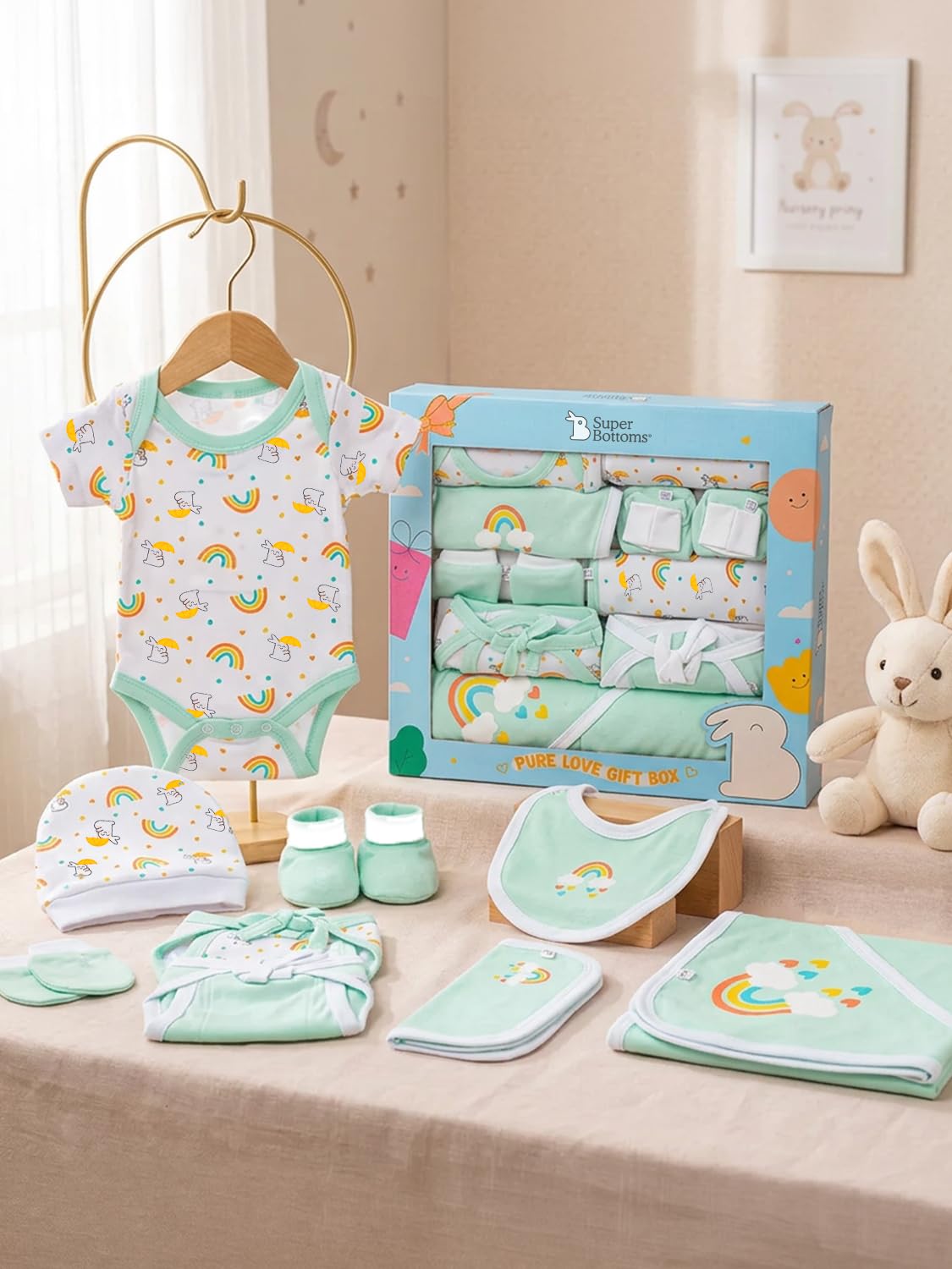 SuperBottoms Pure Love Gift Box for Newborn (0-6 Months) | Clothing Set | (White & Green) Thoughtful Gift Set for Newborn | Unisex Gift Set for Baby Boy & Baby Girl | Premium Cotton Baby Clothing-image-17