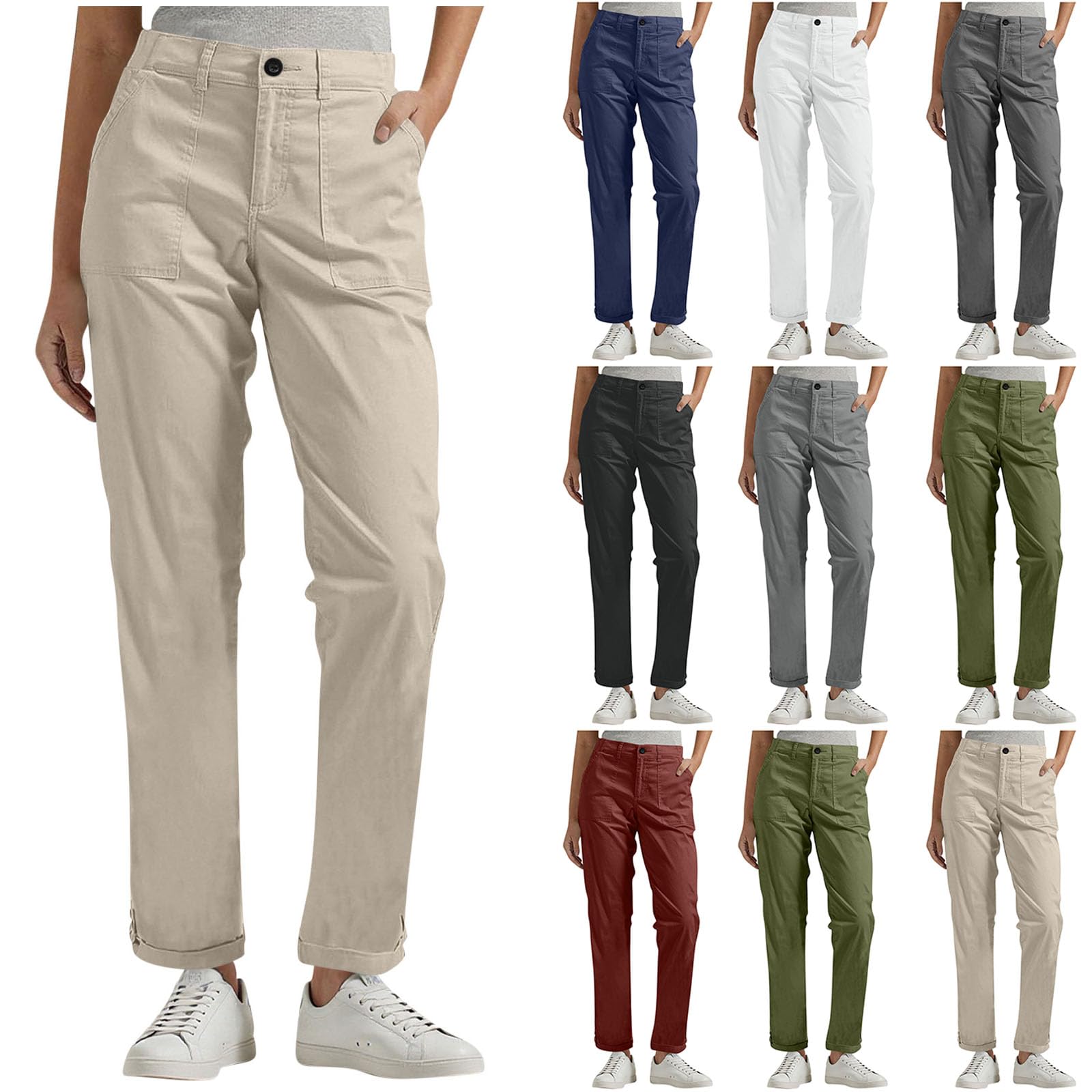 Work Pants for Women 2025 Casual Stretch Cargo Pant Lightweight Rolled Hem Straight Fit Twill Trousers with Pockets
