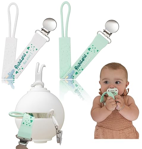 Juego de soporte para chupete y clip, verde y blanco, clips de silicona sin BPA + funda para chupete para bebés de 0 a 6 meses