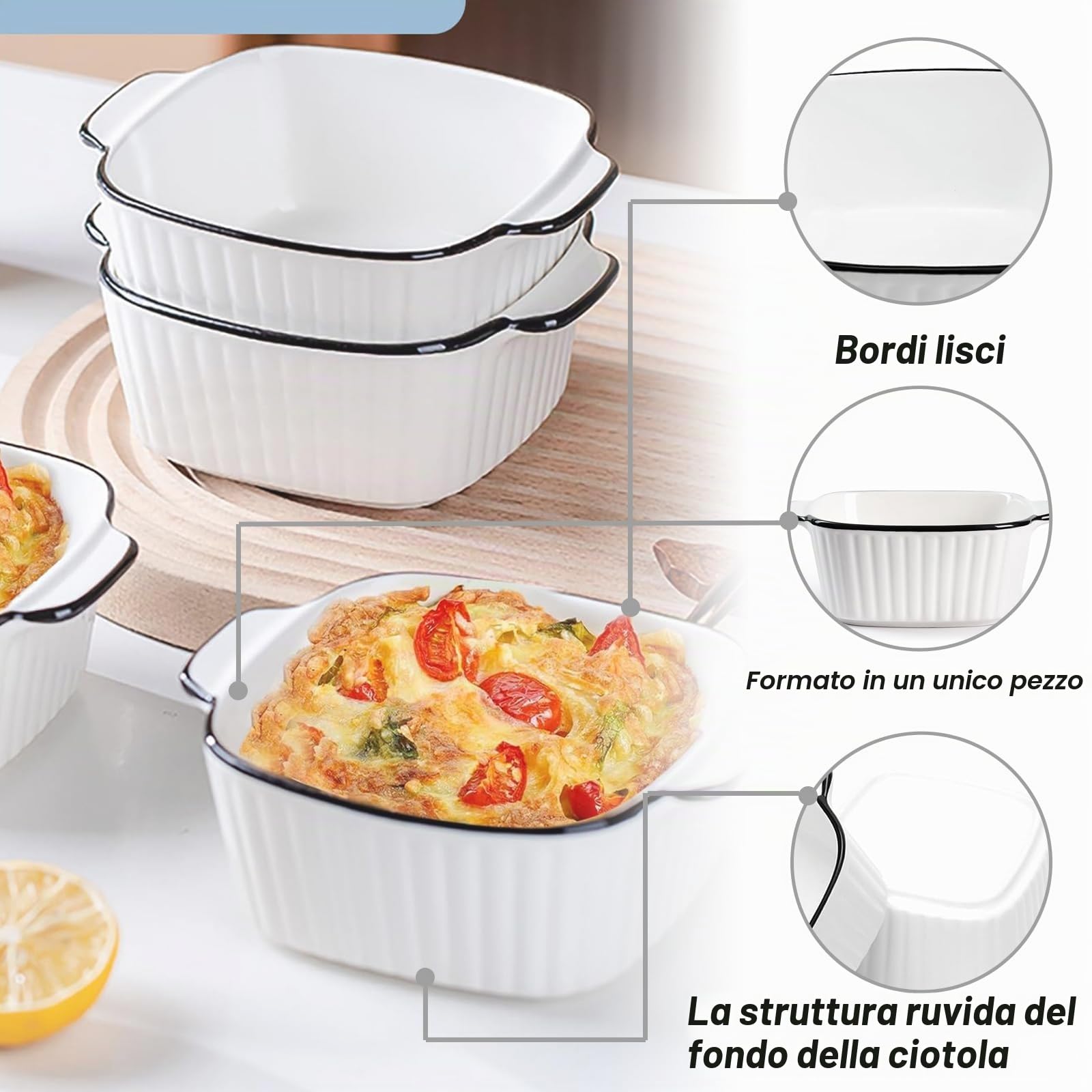 Teglia da forno in ceramica, 400 ml, set da 4 pezzi, piccole pirofile, con manici, 14,9 x 11,5 x 5,7 cm, piccola teglia in ceramica, per forno, microonde