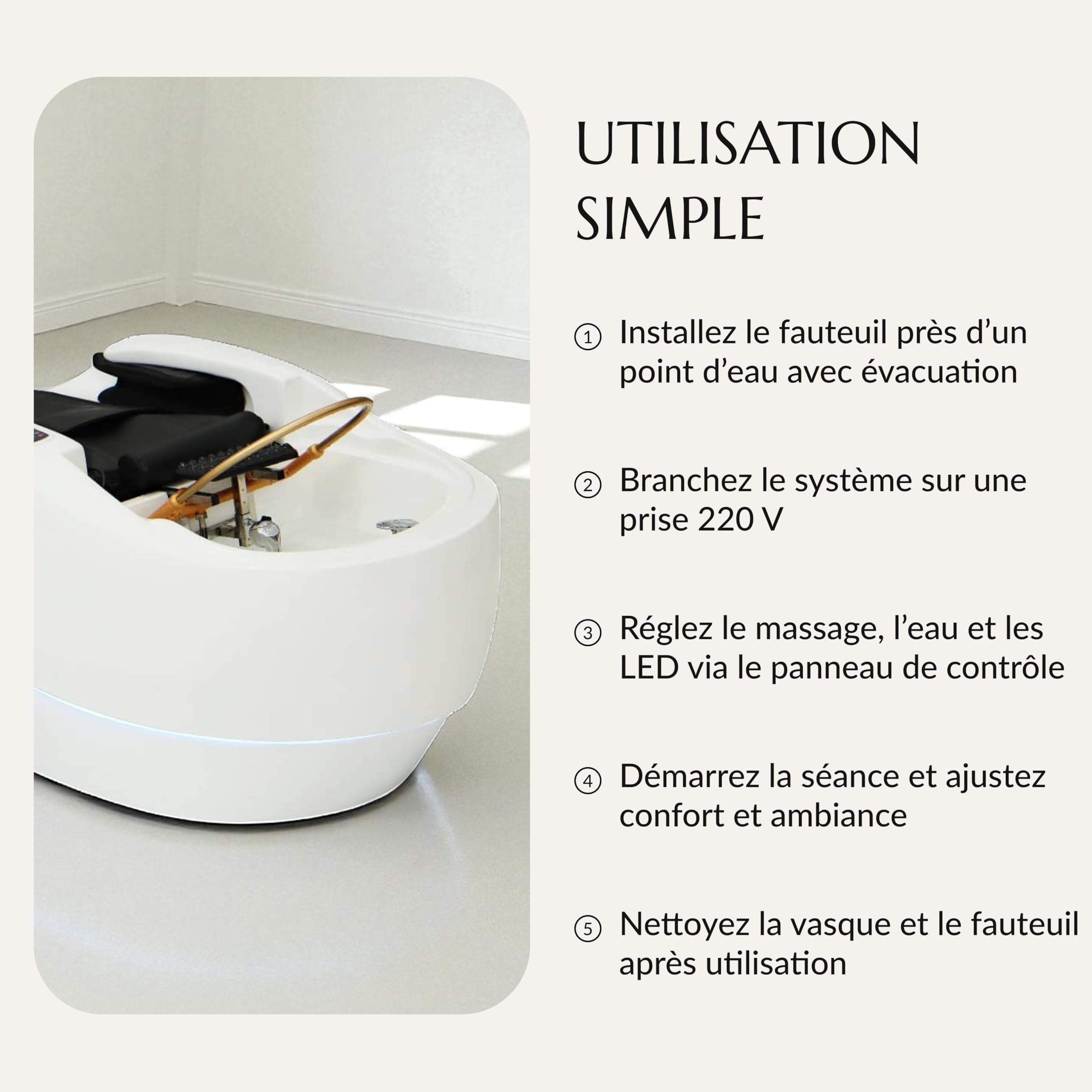 Fauteuil massant Head Spa – Massage Dos & Mollets, Arrivée Eau Chaude/Froide - Vasque Acrylique – Matelas Confort 14 cm - Installation Facile - Matériel Professionnel – Garantie 1 An